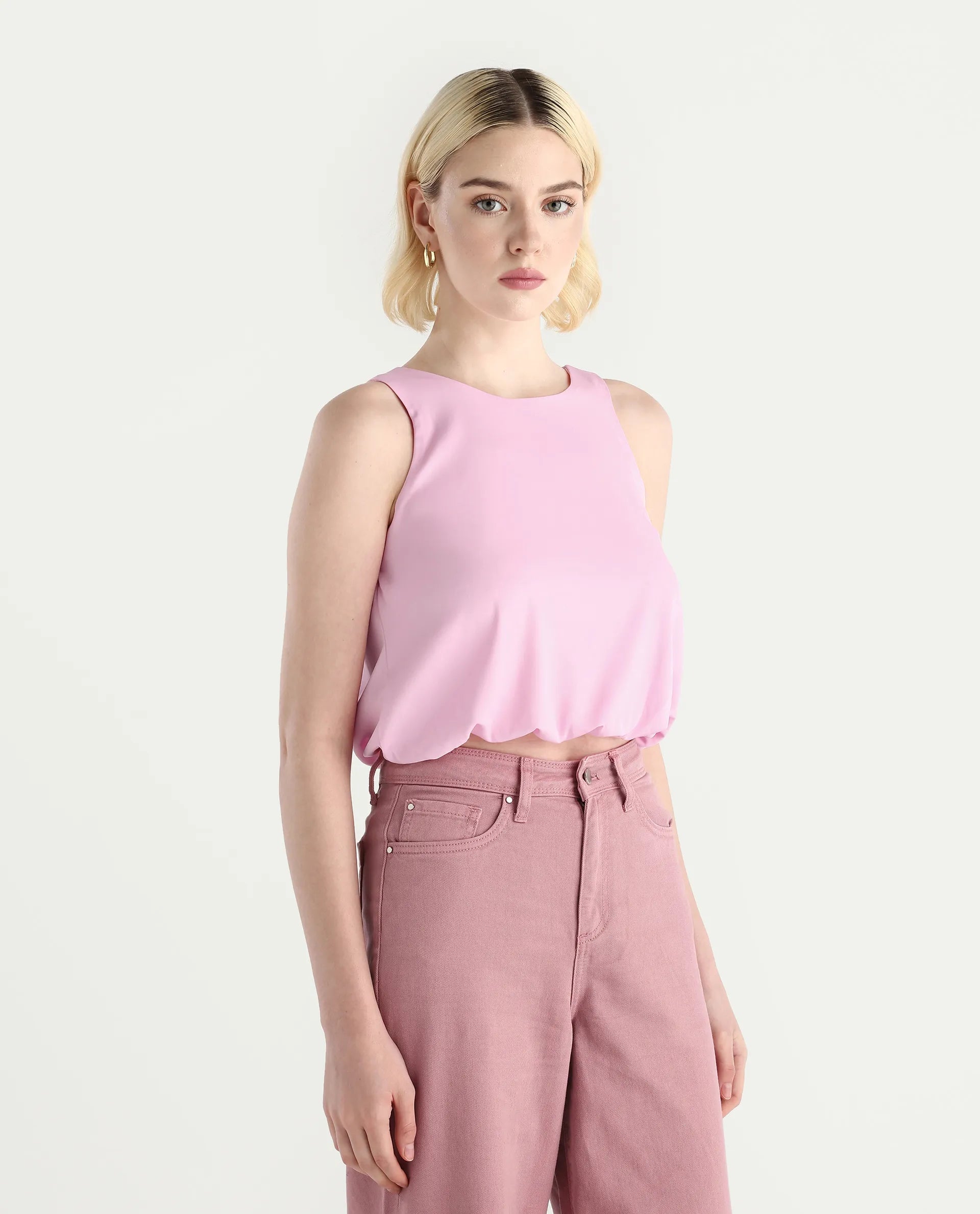 Rareism Women's Epfixo Pink Satin Crew Neck Plain Sleeveless Crop Regular Fit Top