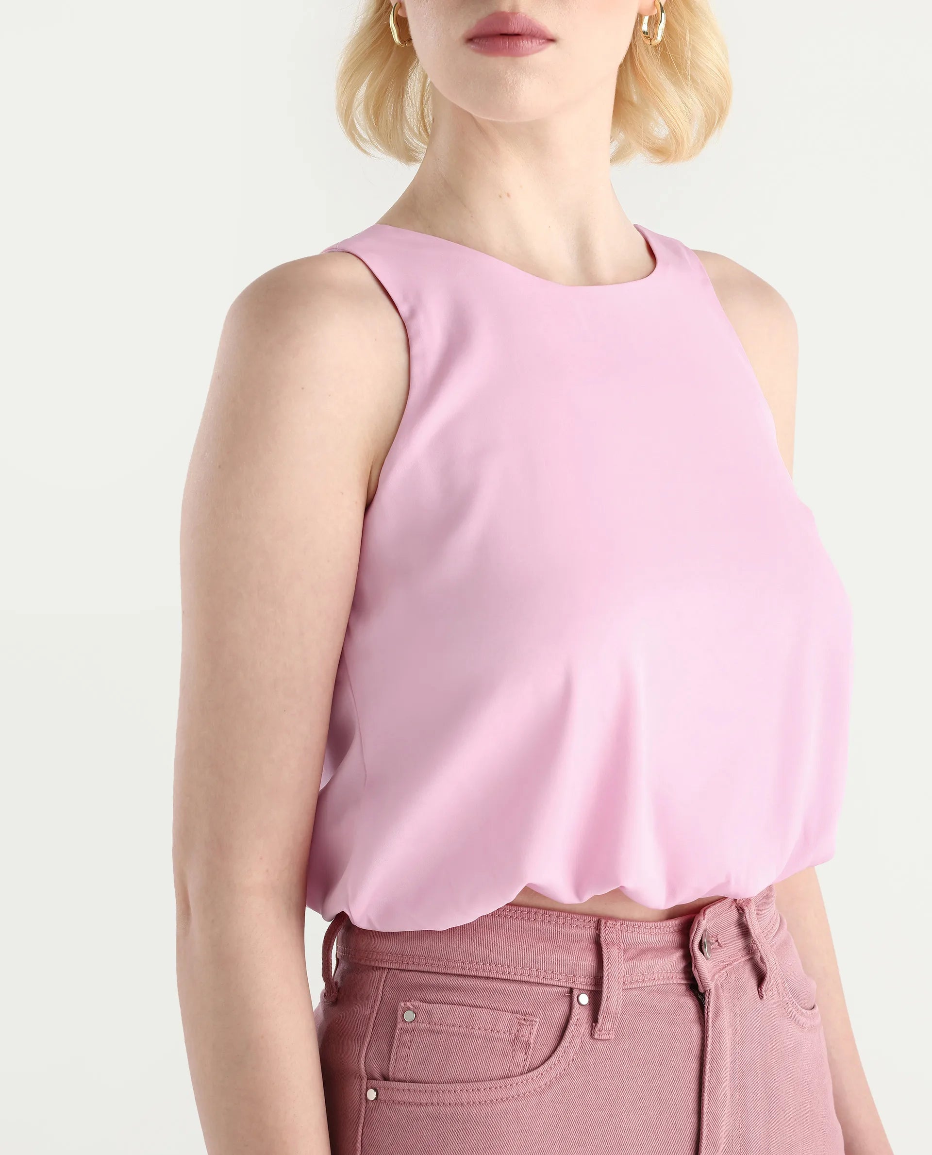 Rareism Women's Epfixo Pink Satin Crew Neck Plain Sleeveless Crop Regular Fit Top