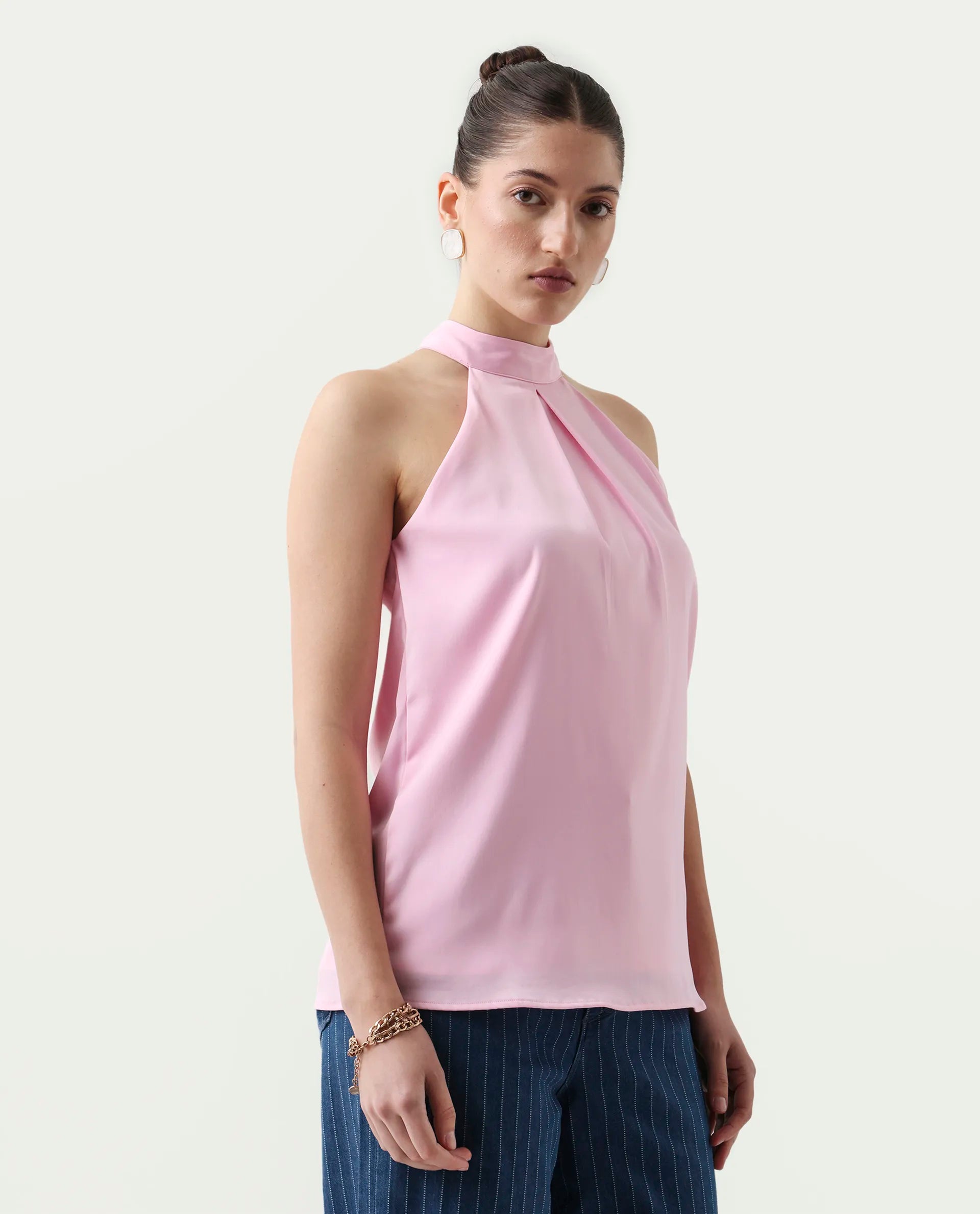 Rareism Women's Epfix Pink Satin Halter Neck Plain Sleeveless Regular Fit Top