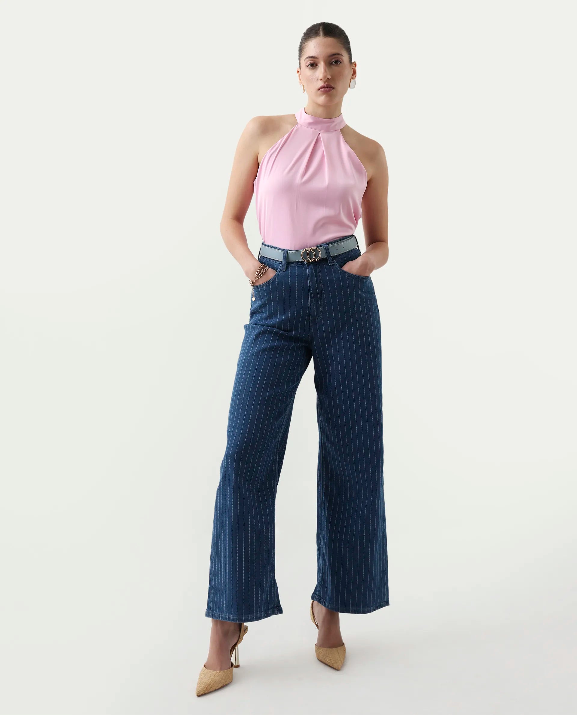 Rareism Women's Epfix Pink Satin Halter Neck Plain Sleeveless Regular Fit Top