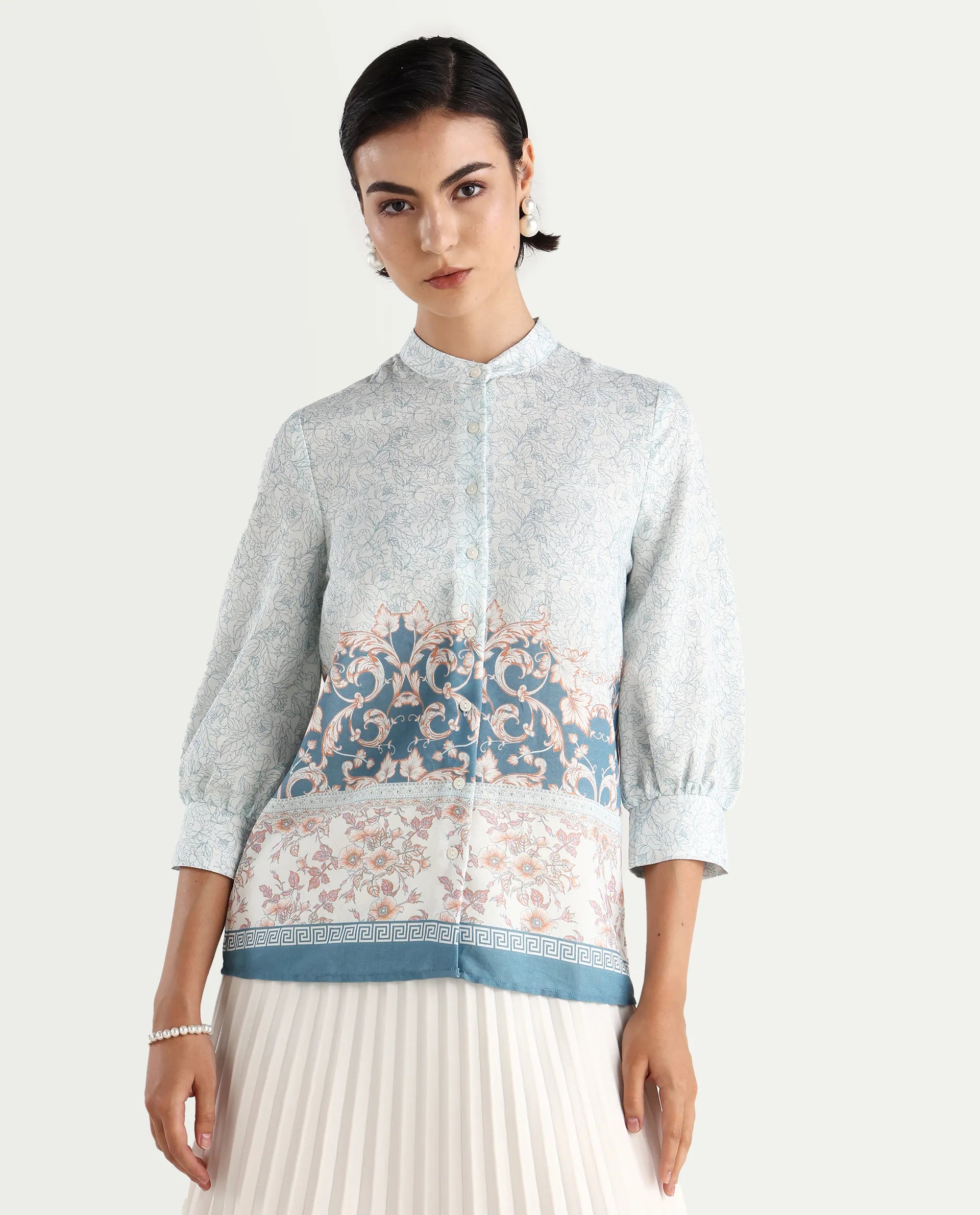 Rareism Women's Epica Multi Polyester Blend Abstract Print Cuffed Sleeve Regular Fit Top