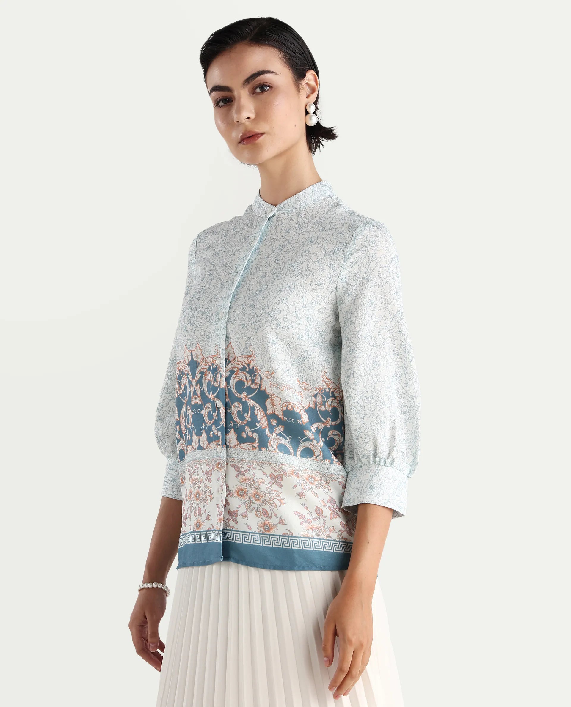 Rareism Women's Epica Multi Polyester Blend Abstract Print Cuffed Sleeve Regular Fit Top