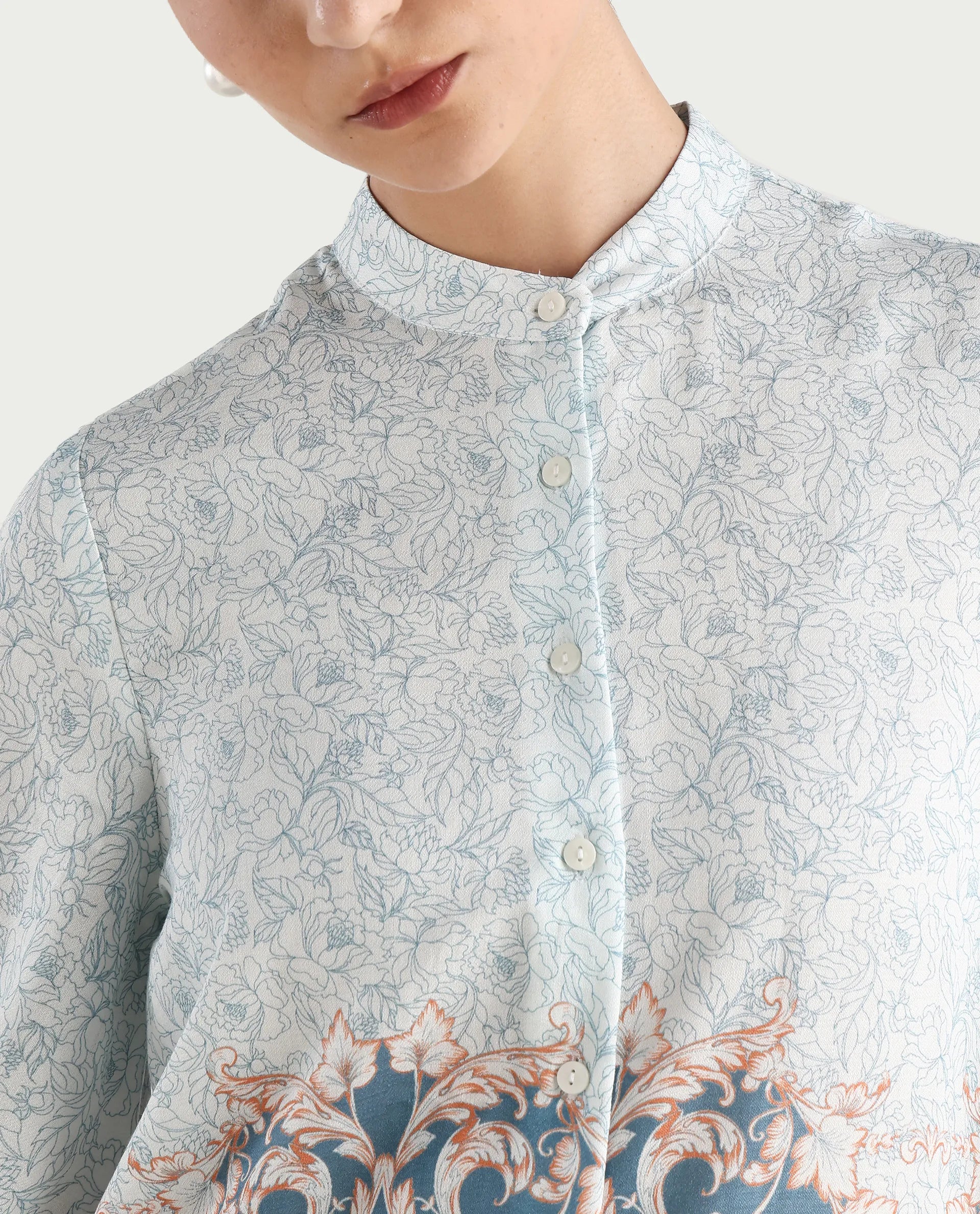 Rareism Women's Epica Multi Polyester Blend Abstract Print Cuffed Sleeve Regular Fit Top