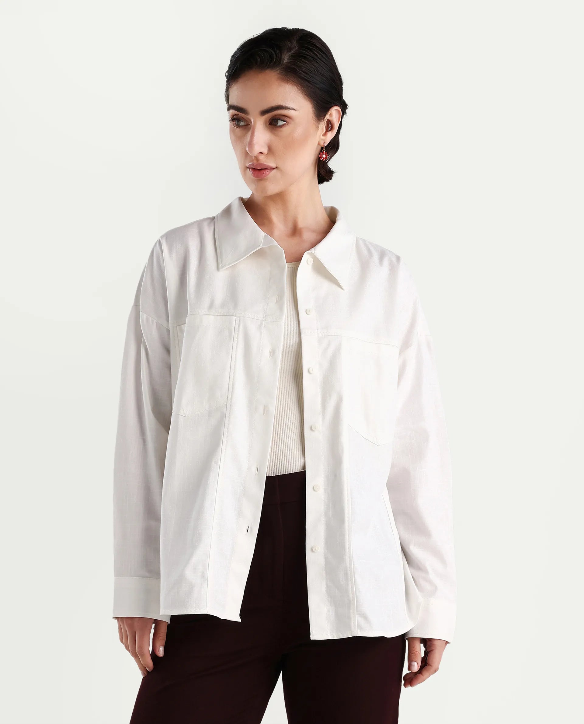 Rareism Women's Epili White Cotton Collared Plain Cuffed Sleeve Boxy Fit Shacket