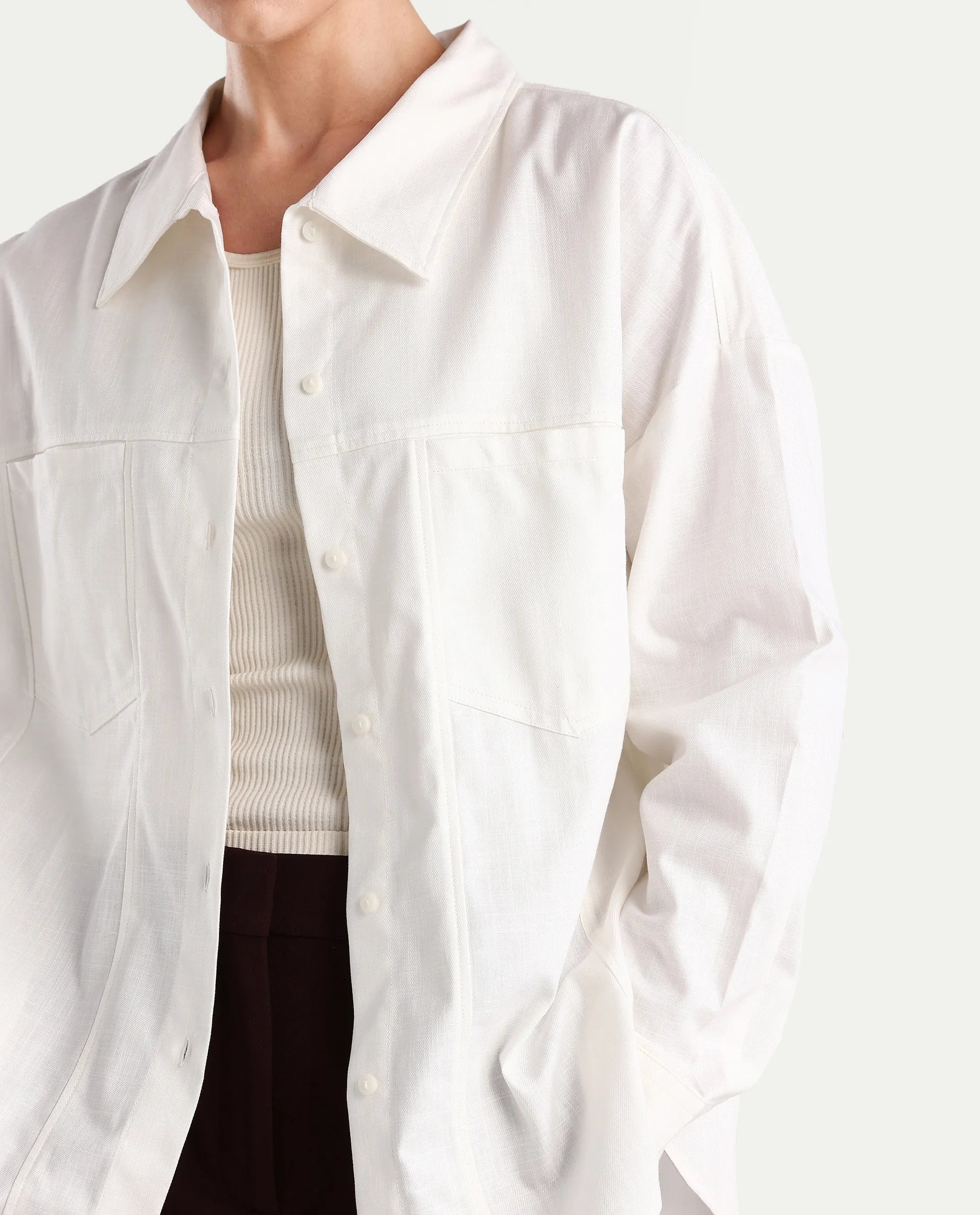 Rareism Women's Epili White Cotton Collared Plain Cuffed Sleeve Boxy Fit Shacket