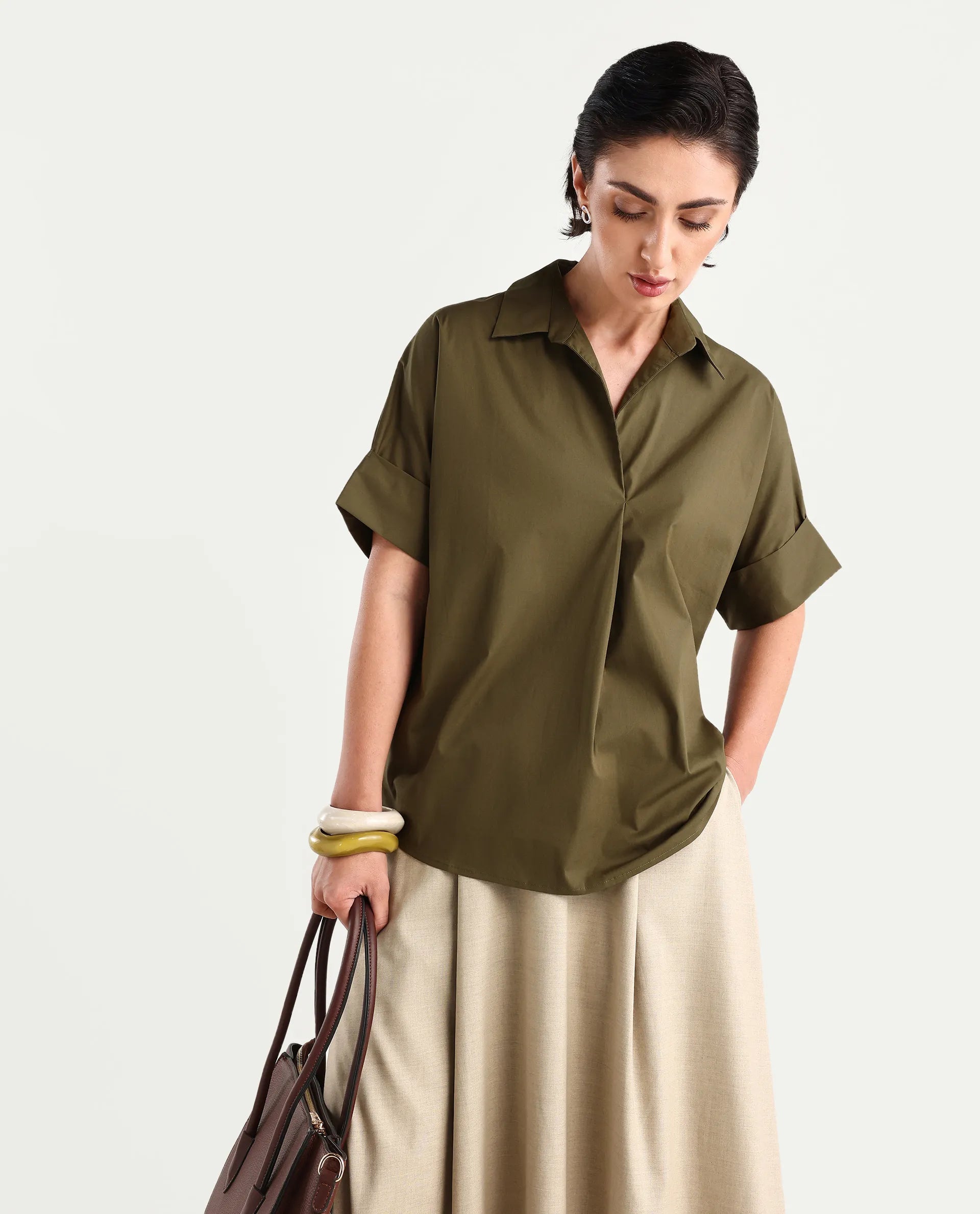 Rareism Women's Episo Olive Cotton Blend Plain Extended Sleeves Boxy Fit Top