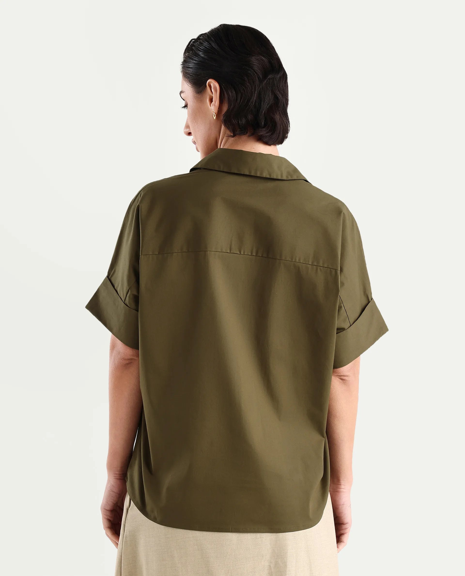 Rareism Women's Episo Olive Cotton Blend Plain Extended Sleeves Boxy Fit Top