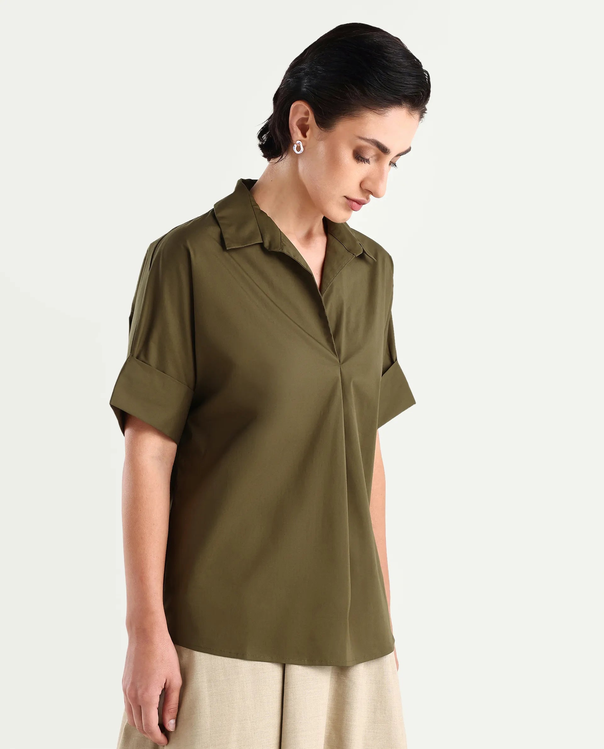 Rareism Women's Episo Olive Cotton Blend Plain Extended Sleeves Boxy Fit Top