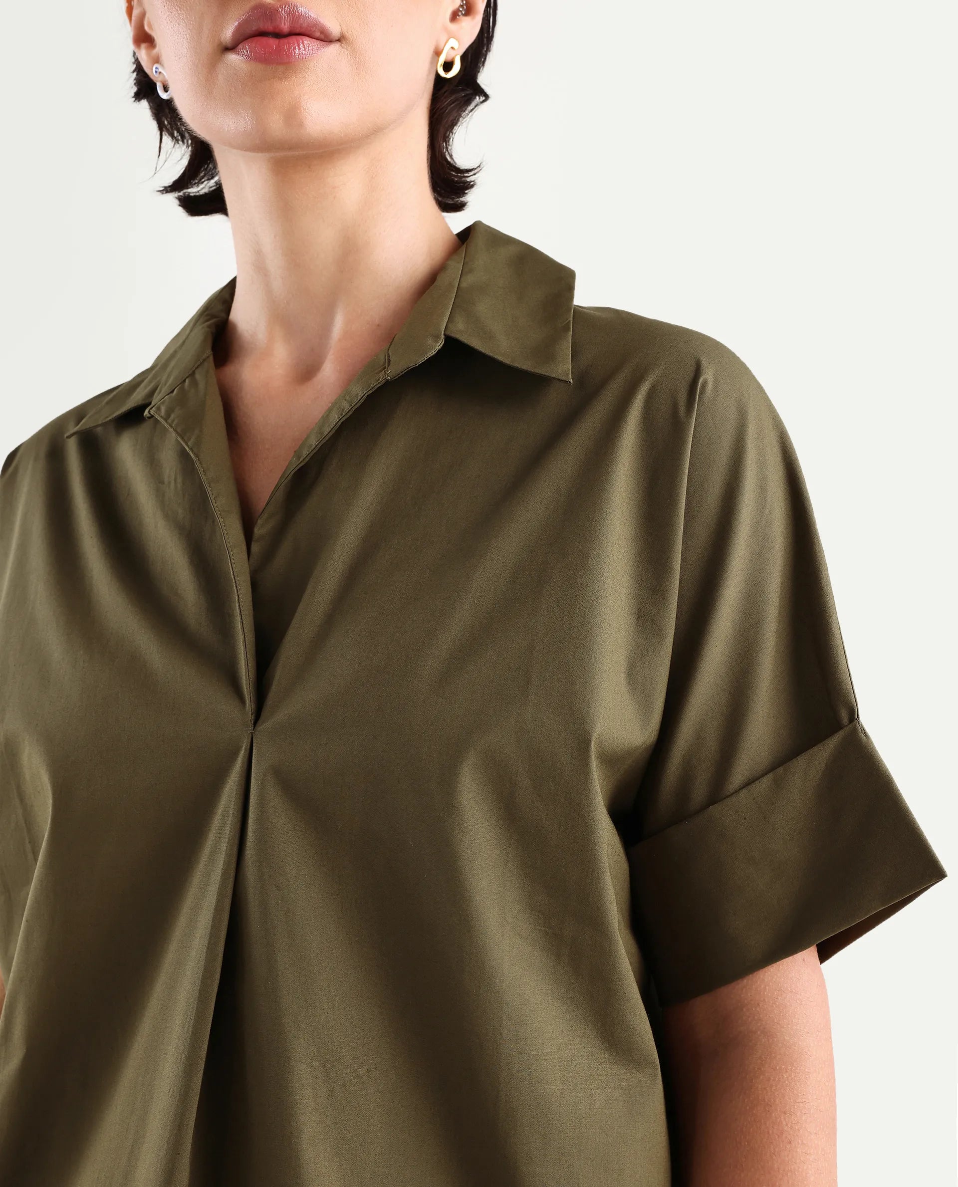 Rareism Women's Episo Olive Cotton Blend Plain Extended Sleeves Boxy Fit Top