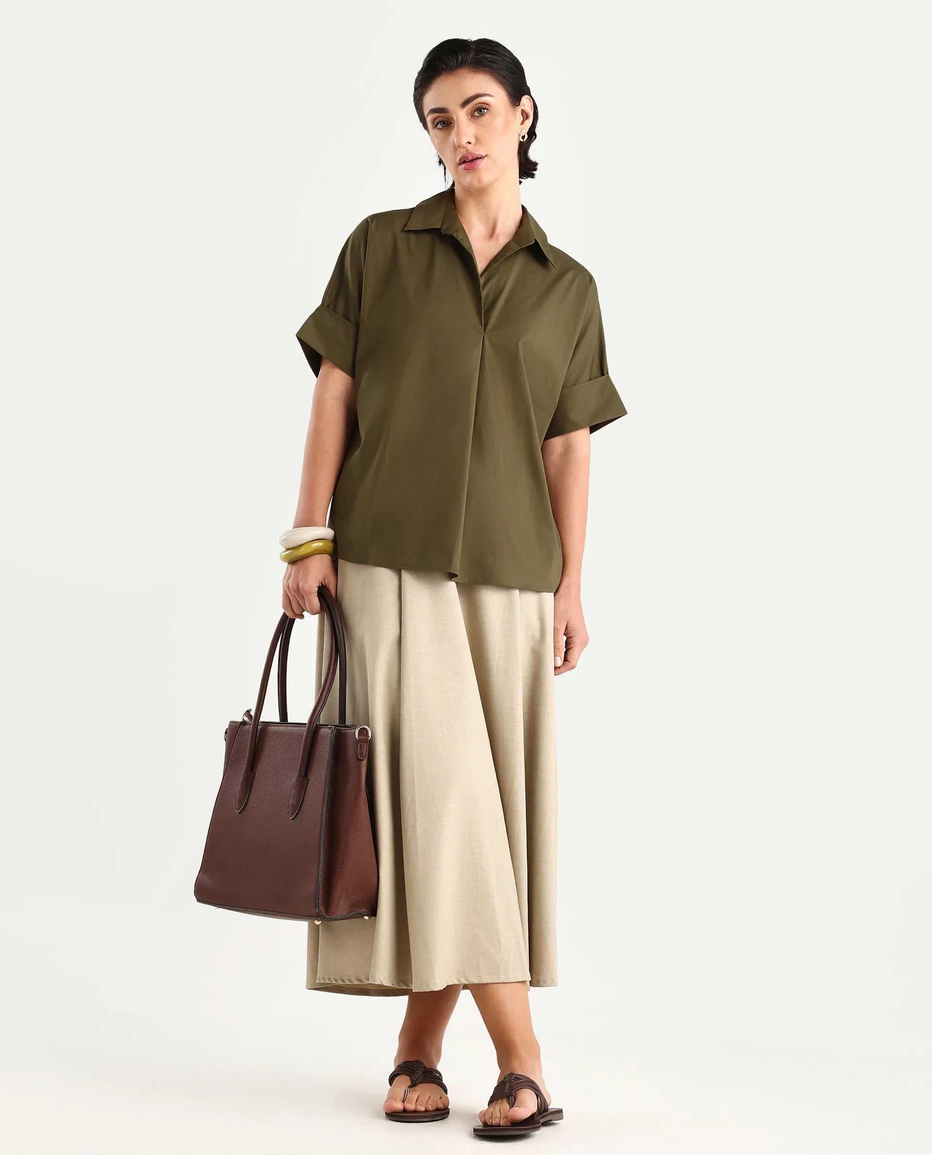 Rareism Women's Episo Olive Cotton Blend Plain Extended Sleeves Boxy Fit Top