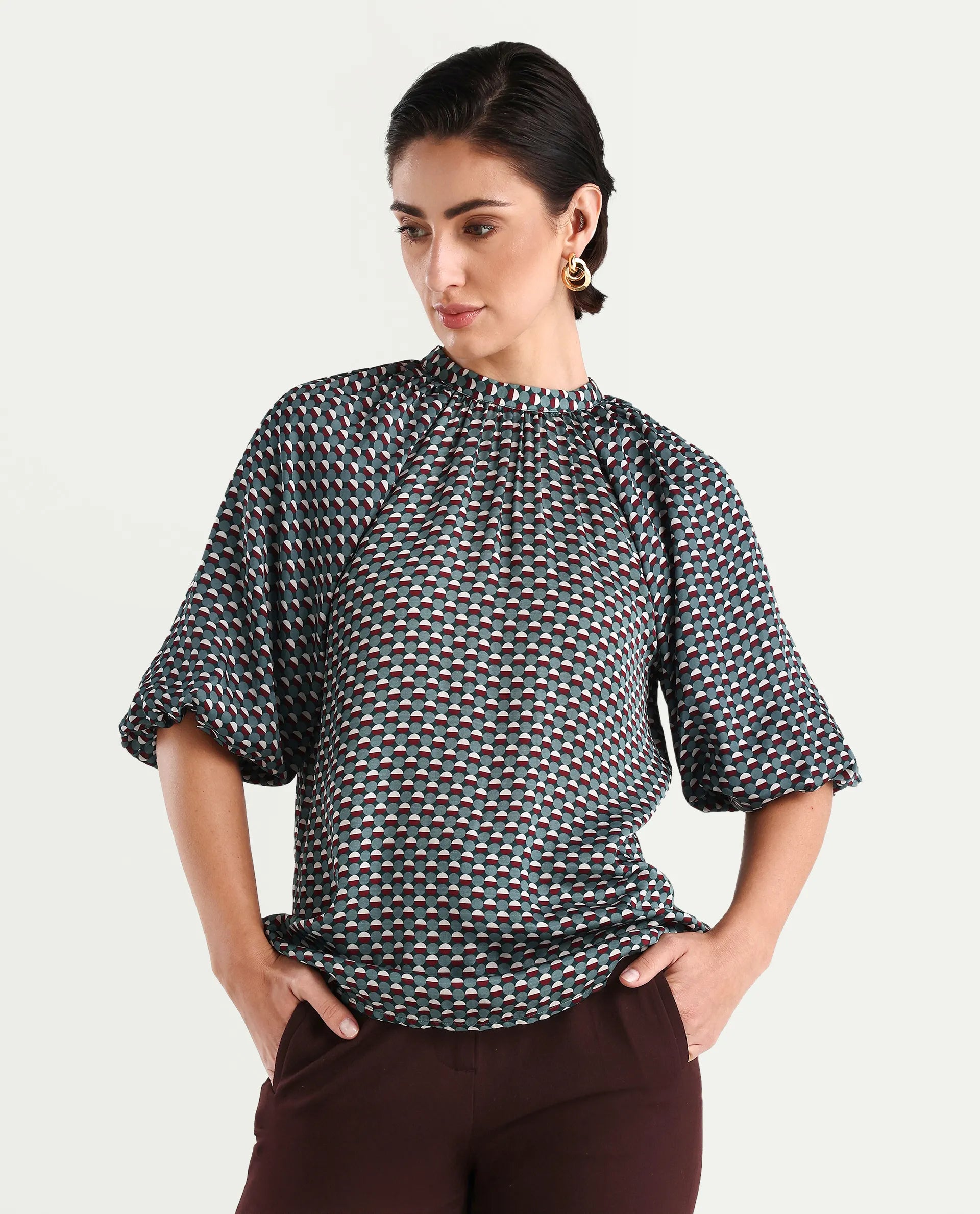 Rareism Women's Epizo Teal Polyester Abstract Print Raglan Sleeve Regular Fit Top