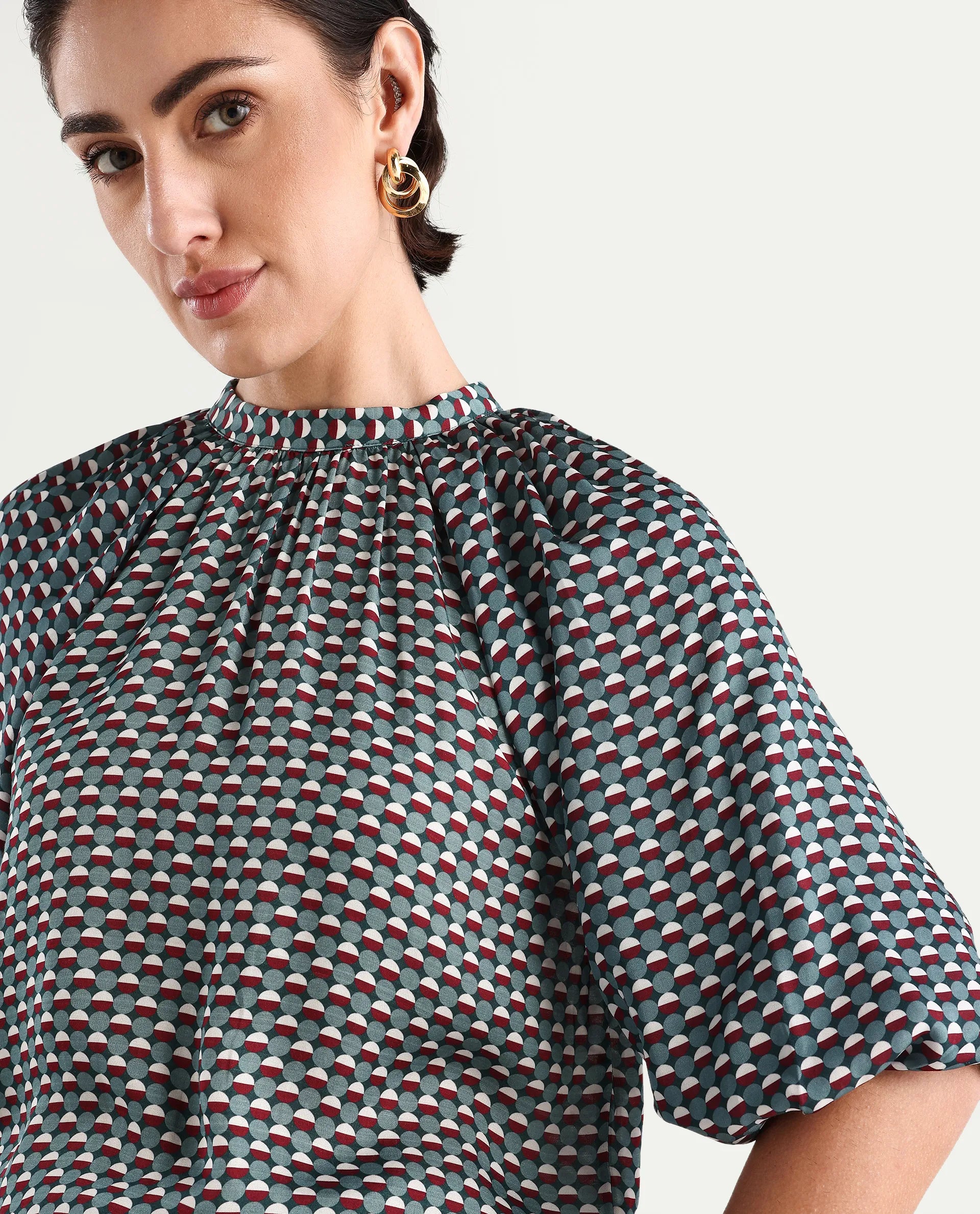 Rareism Women's Epizo Teal Polyester Abstract Print Raglan Sleeve Regular Fit Top