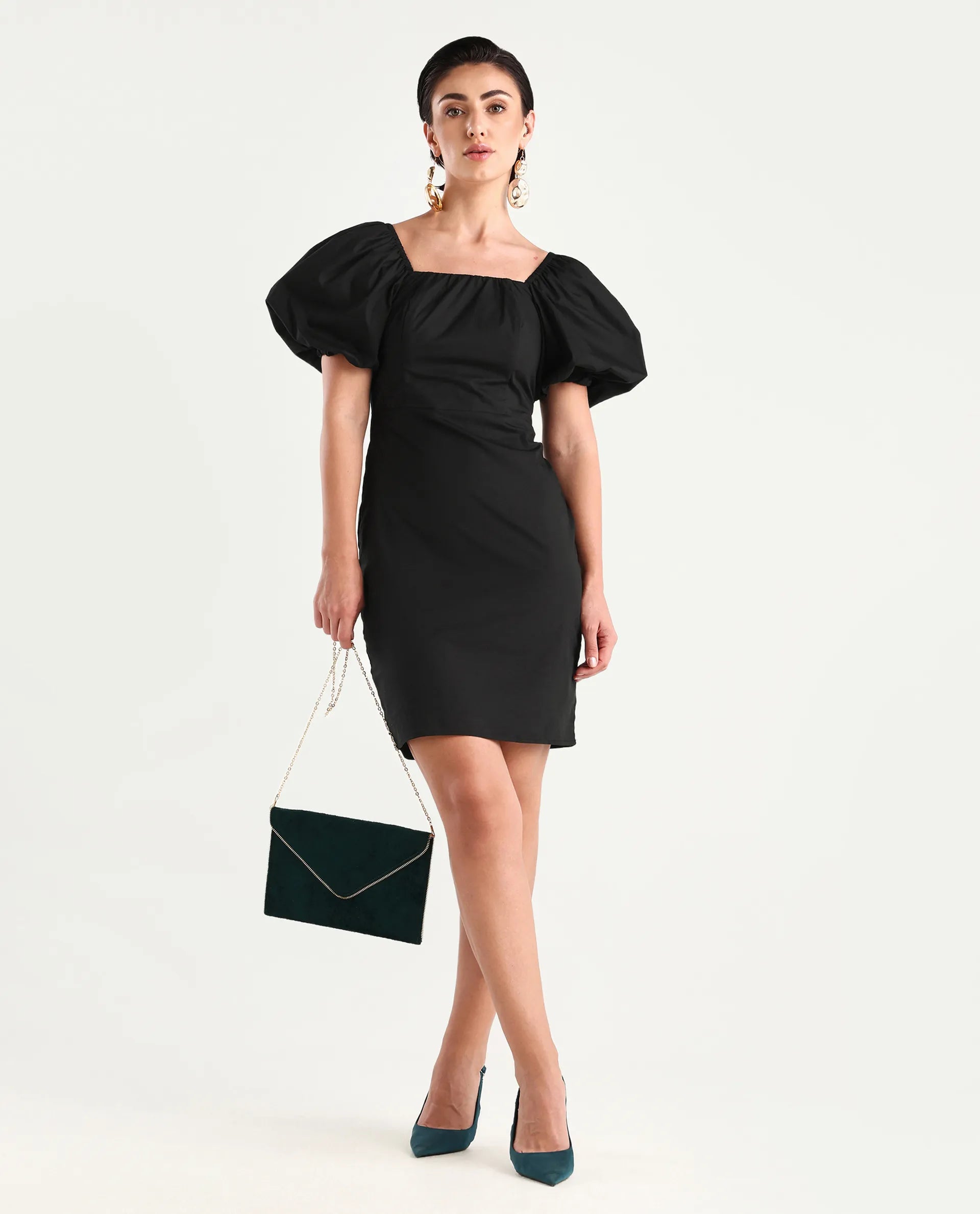 Rareism Women's Eplan Black Cotton Blend Square Neck Plain Balloon Sleeve Mini Straight Fit Dress