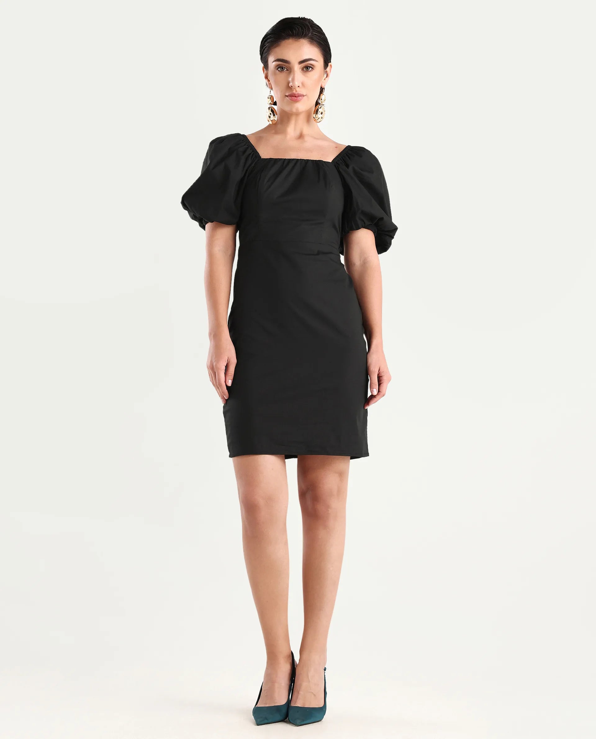 Rareism Women's Eplan Black Cotton Blend Square Neck Plain Balloon Sleeve Mini Straight Fit Dress