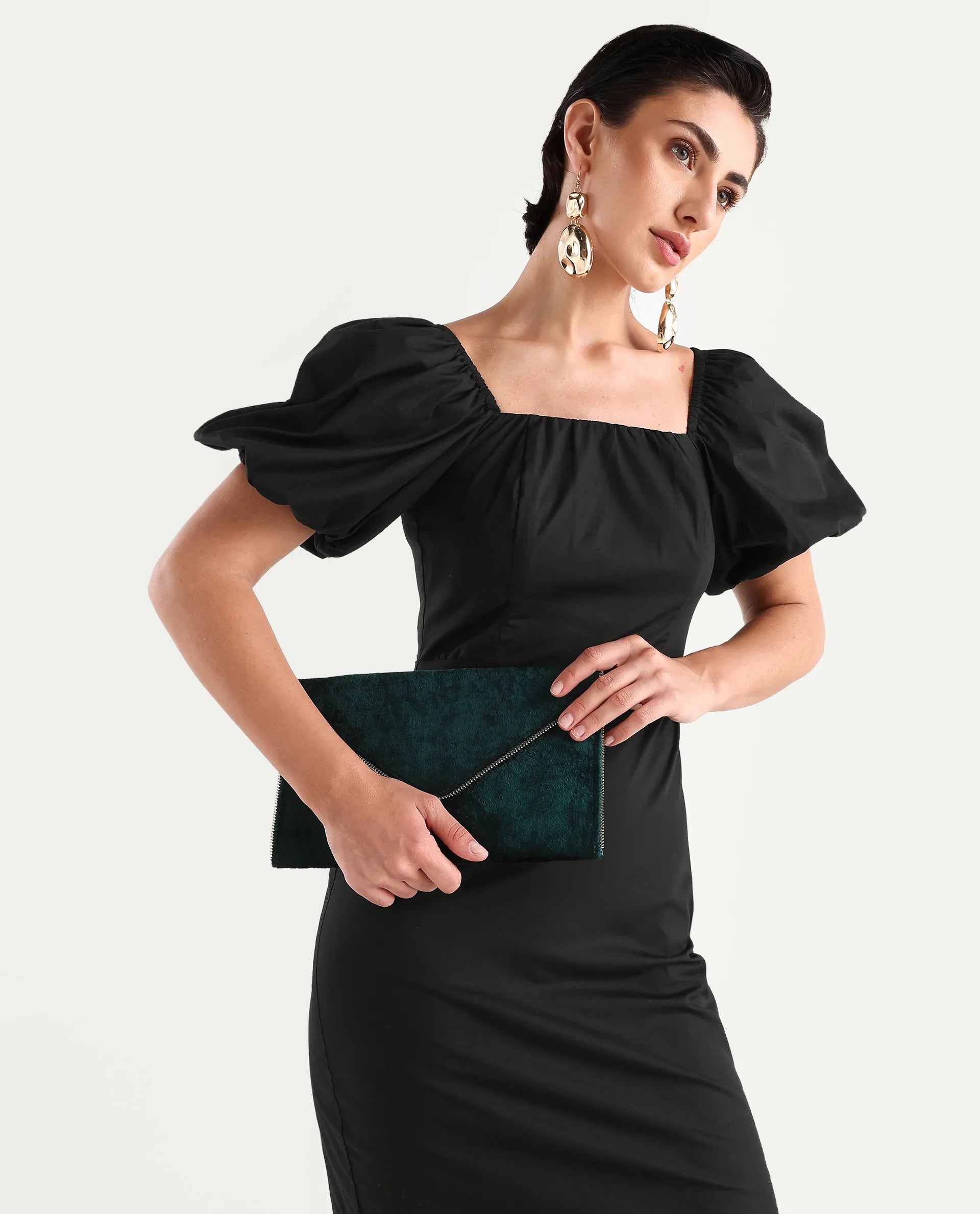 Rareism Women's Eplan Black Cotton Blend Square Neck Plain Balloon Sleeve Mini Straight Fit Dress