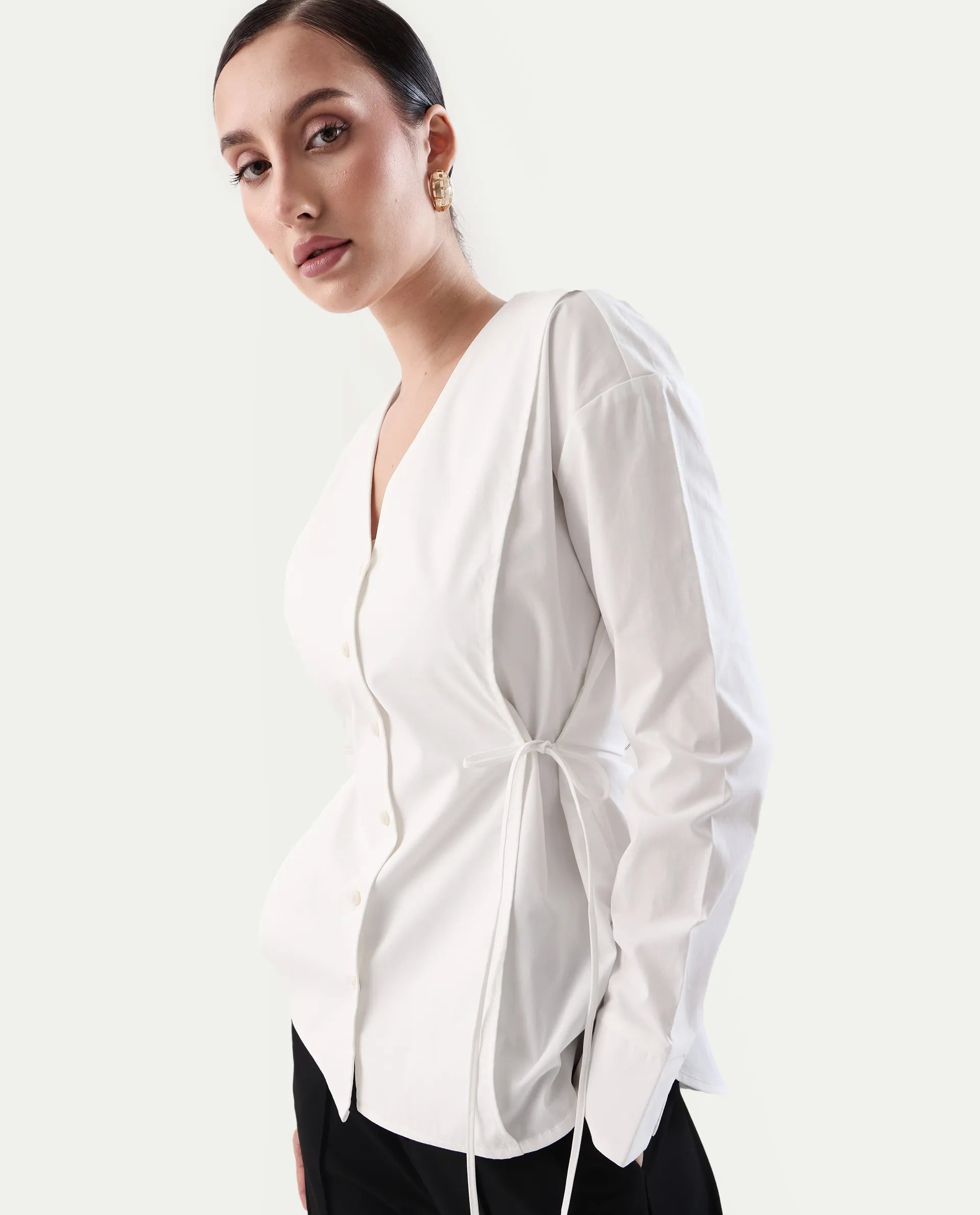Rareism Women's Epled White Polyester Crew Neck Plain Cuffed Sleeve Regular Fit Top