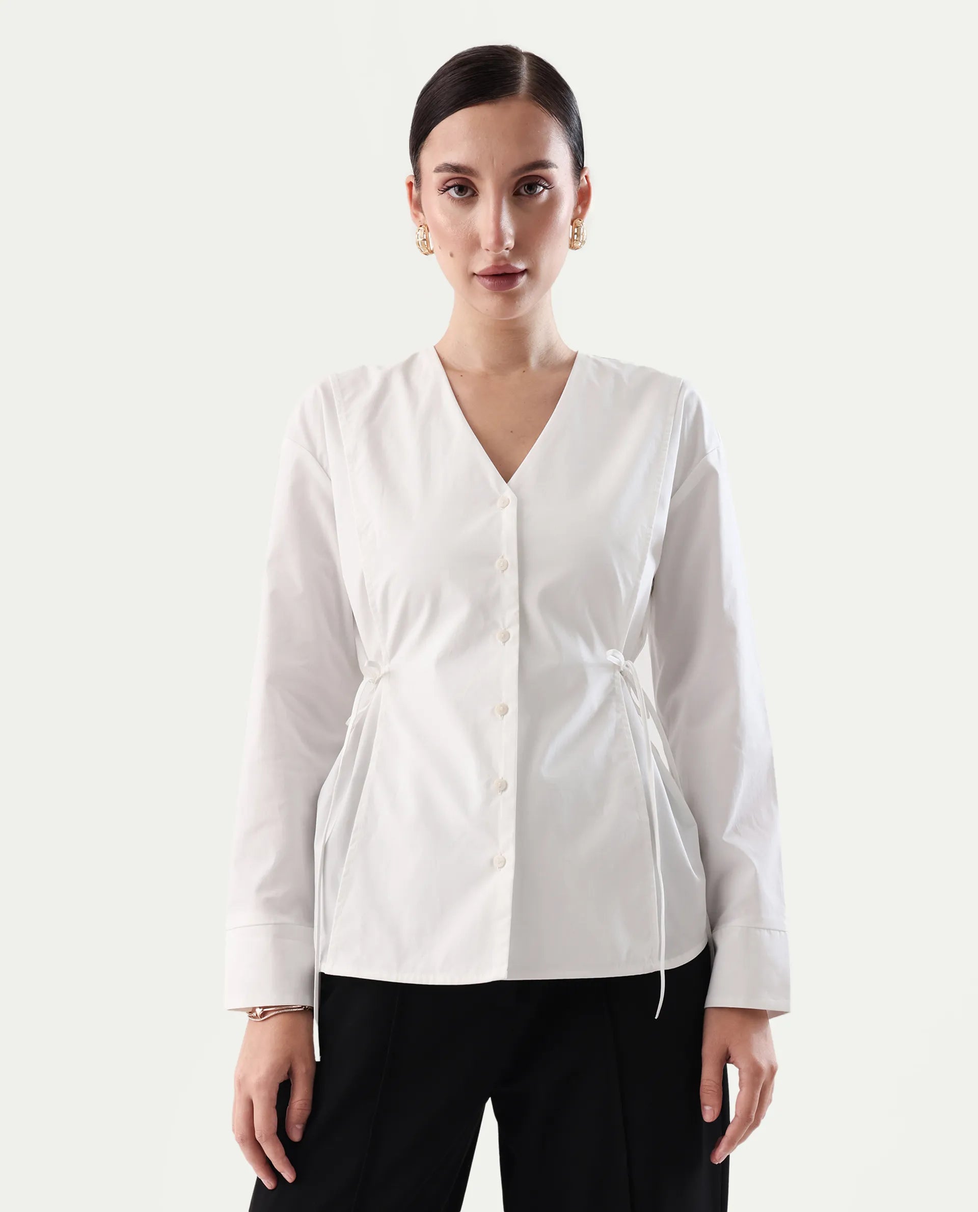 Rareism Women's Epled White Polyester Crew Neck Plain Cuffed Sleeve Regular Fit Top