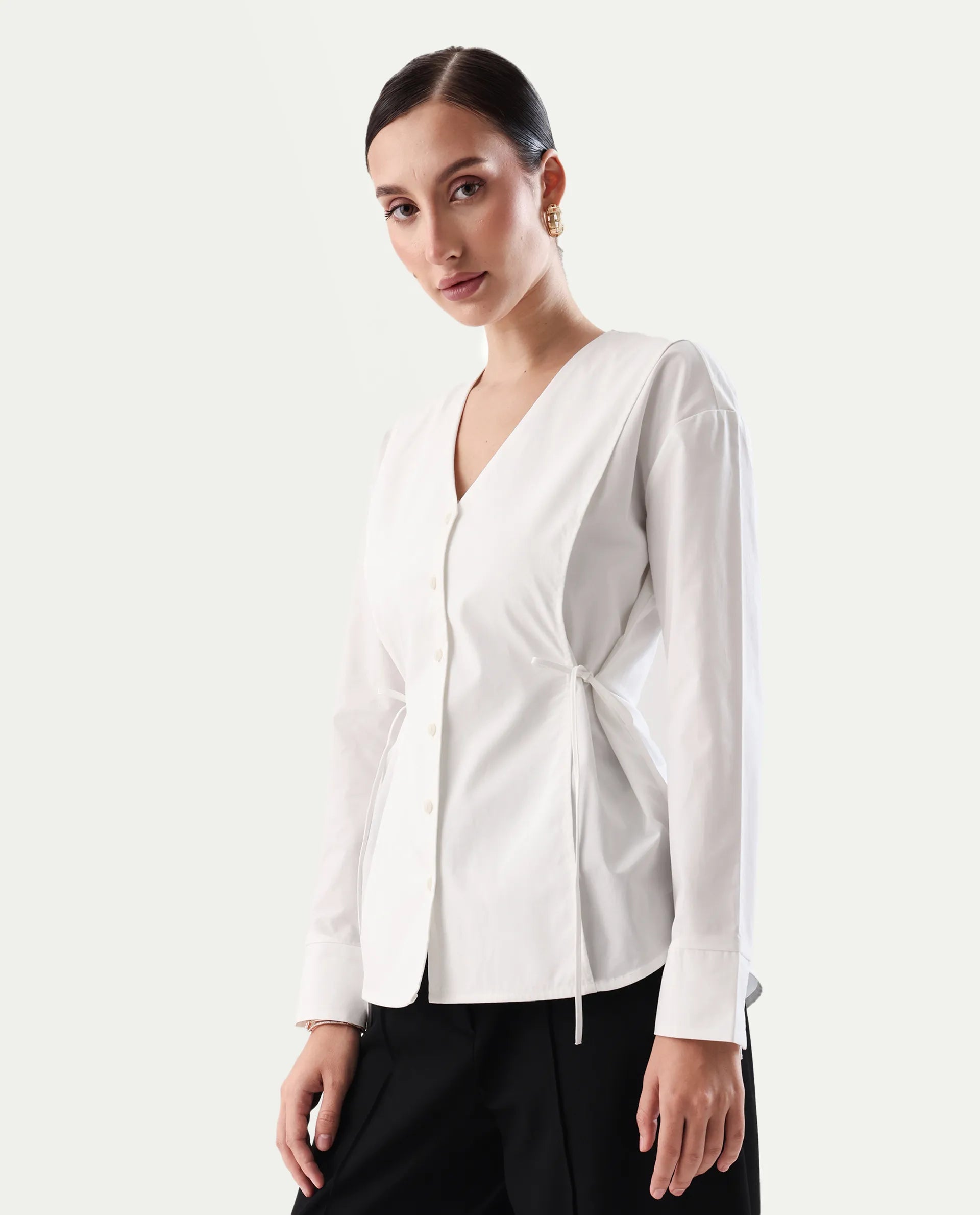 Rareism Women's Epled White Polyester Crew Neck Plain Cuffed Sleeve Regular Fit Top
