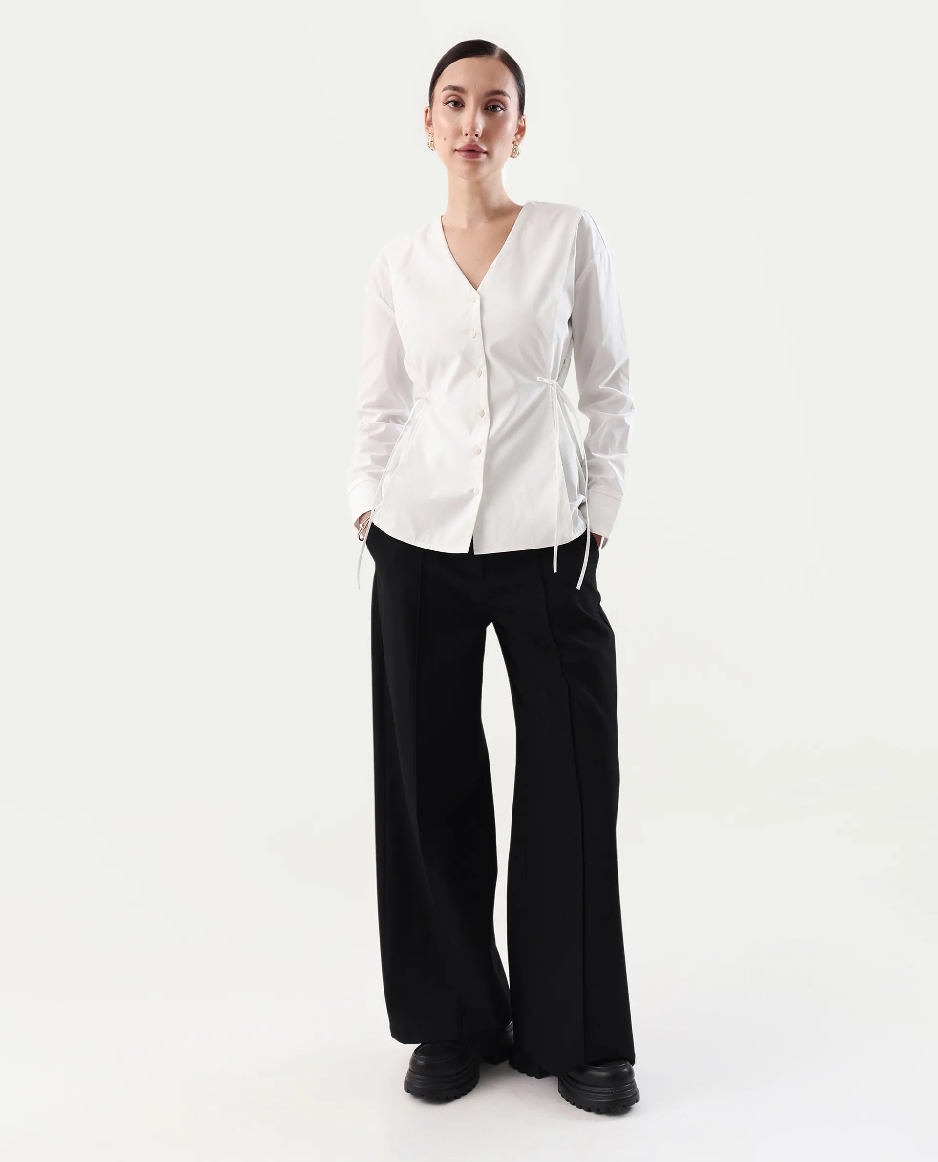 Rareism Women's Epled White Polyester Crew Neck Plain Cuffed Sleeve Regular Fit Top
