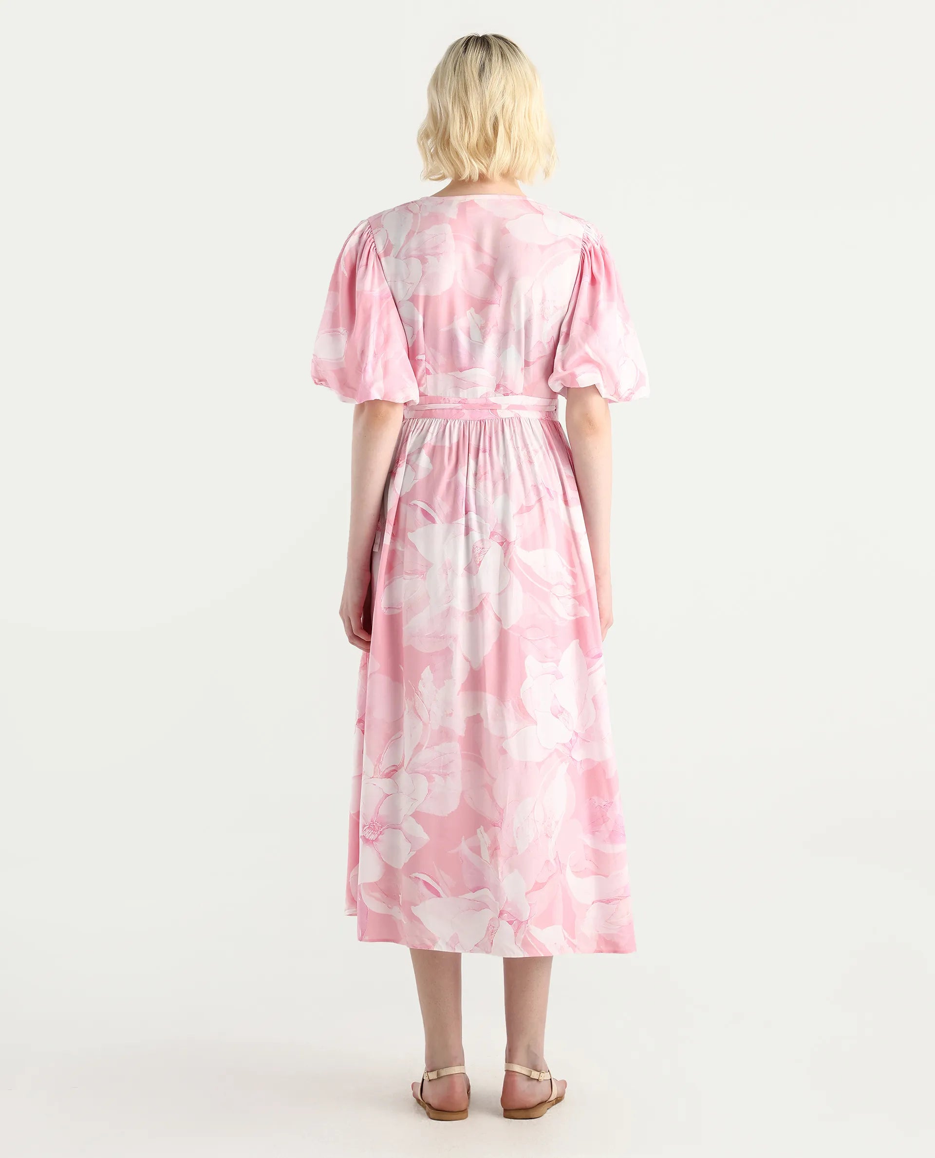 Rareism Women's Epleo Light Pink Viscose V-Neck Printed Balloon Sleeve Midi Regular Fit Dress