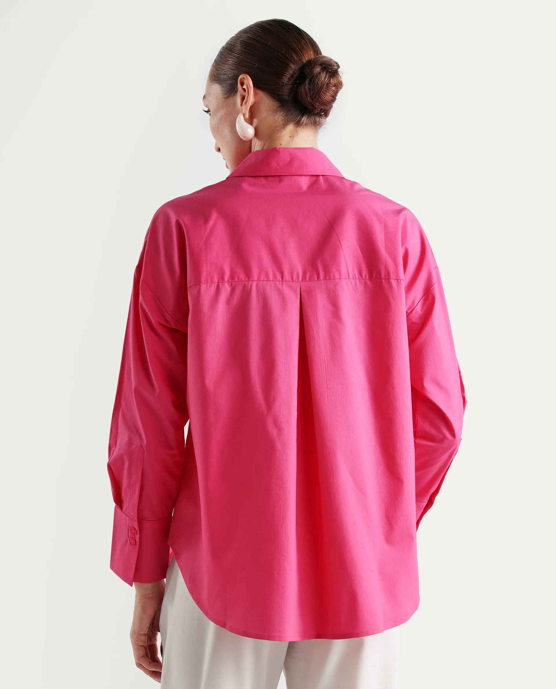 Rareism Women's Epnet Pink Cotton Blend Collared Plain Cuffed Sleeve Boxy Fit Shirt