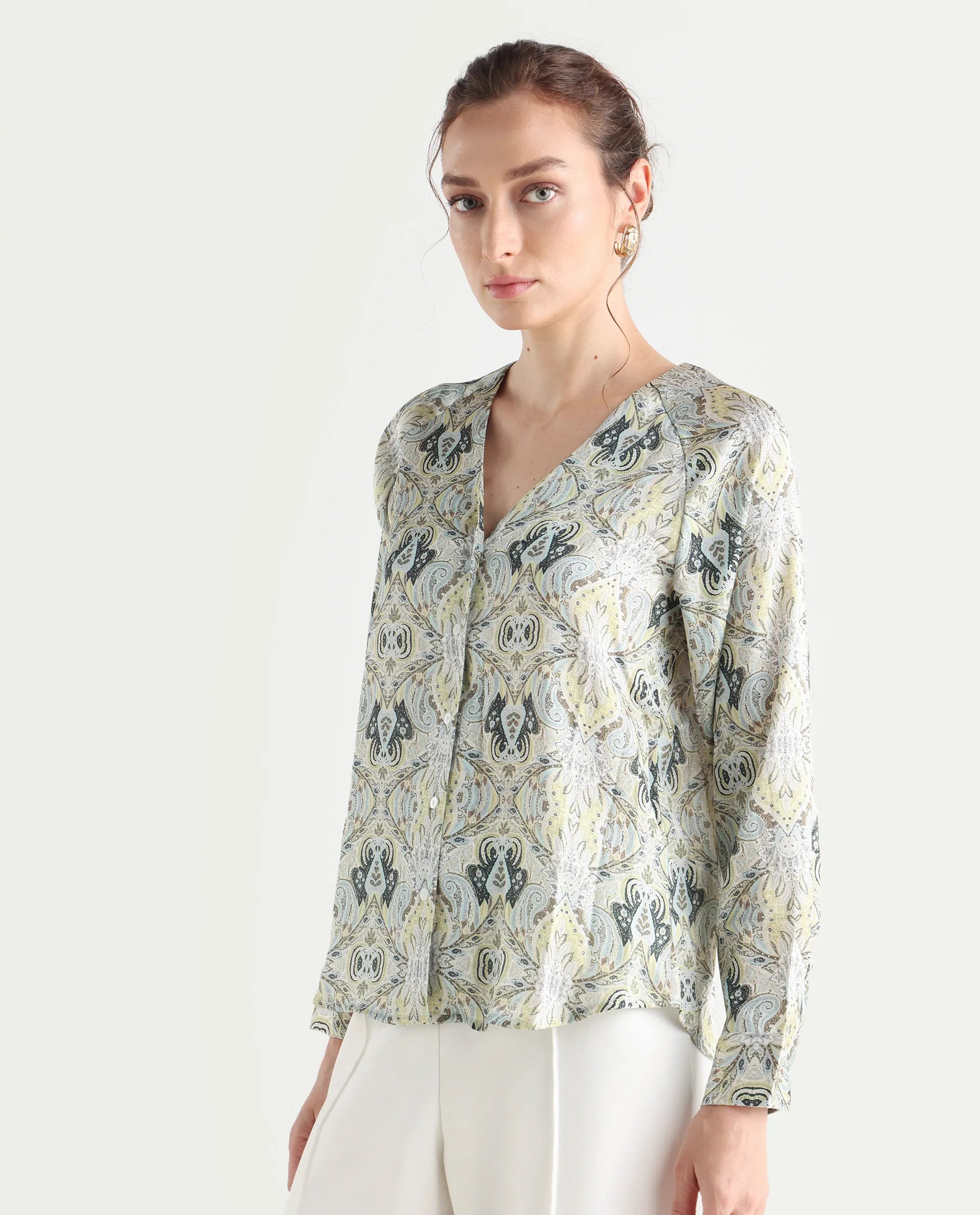 Rareism Women's Epoll Multi Satin Abstract Print Raglan Sleeve Relaxed Fit Top