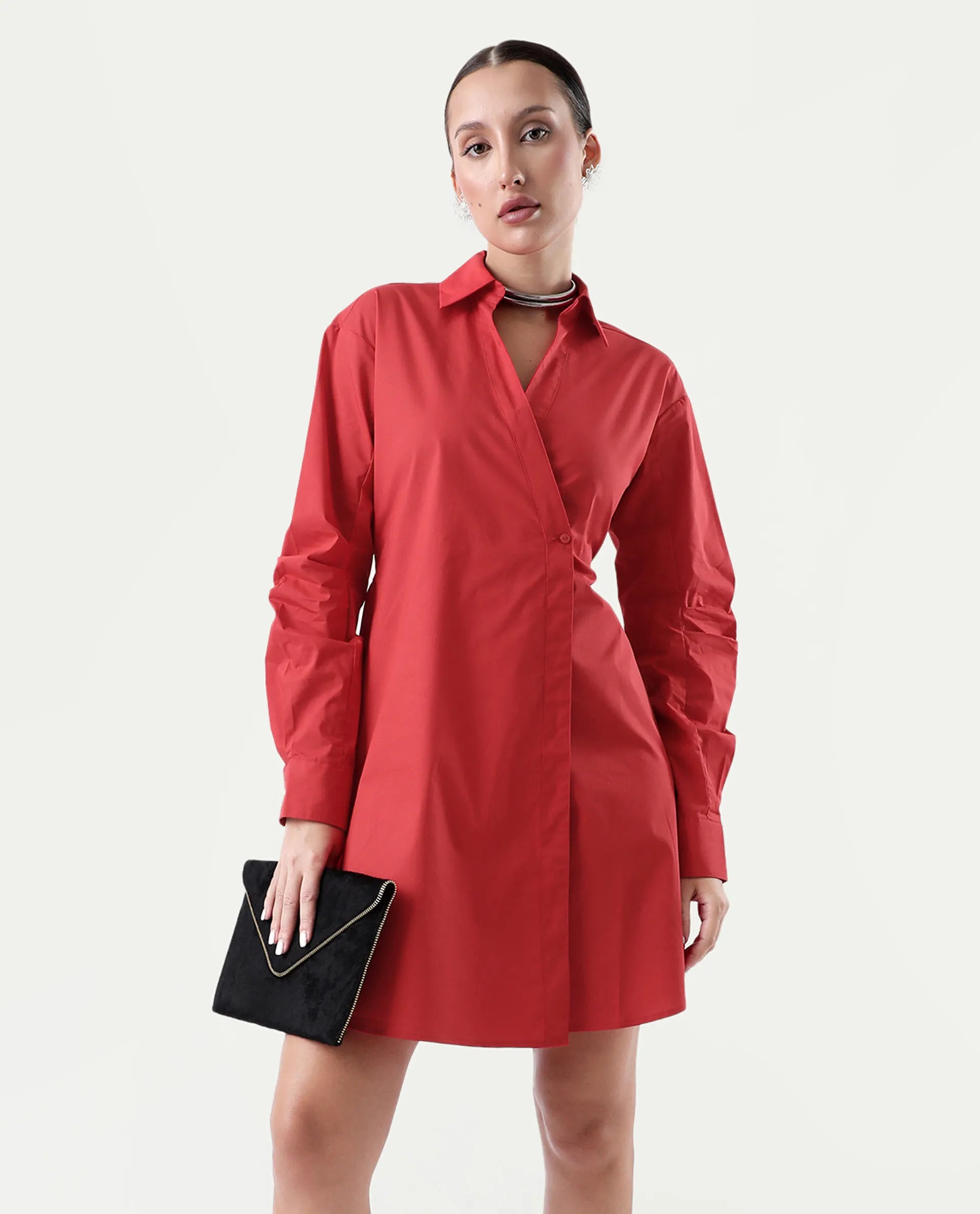 Rareism Women's Epops Red Cotton Blend Collared Plain Cuffed Sleeve Knee Length A-Line Dress