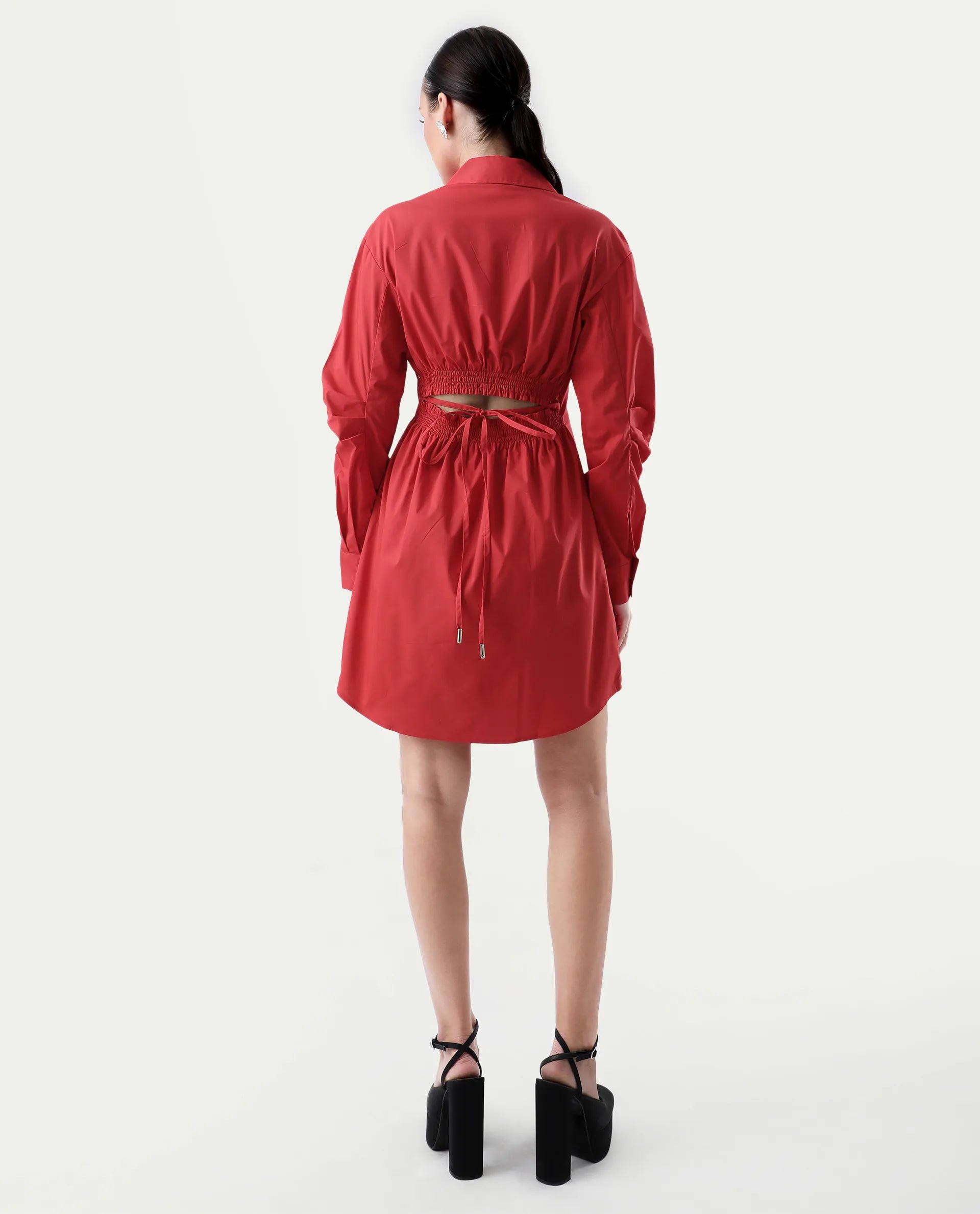 Rareism Women's Epops Red Cotton Blend Collared Plain Cuffed Sleeve Knee Length A-Line Dress