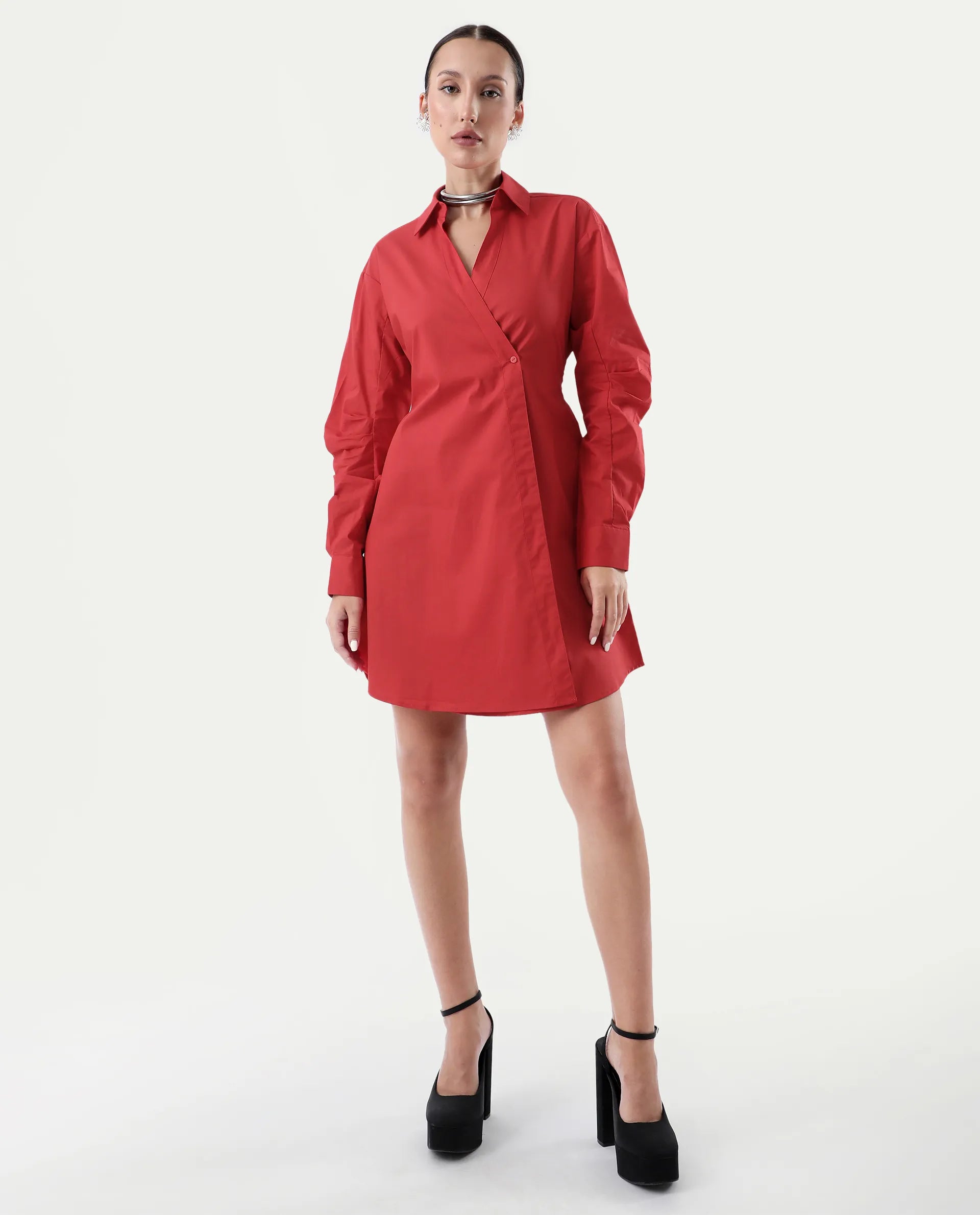 Rareism Women's Epops Red Cotton Blend Collared Plain Cuffed Sleeve Knee Length A-Line Dress