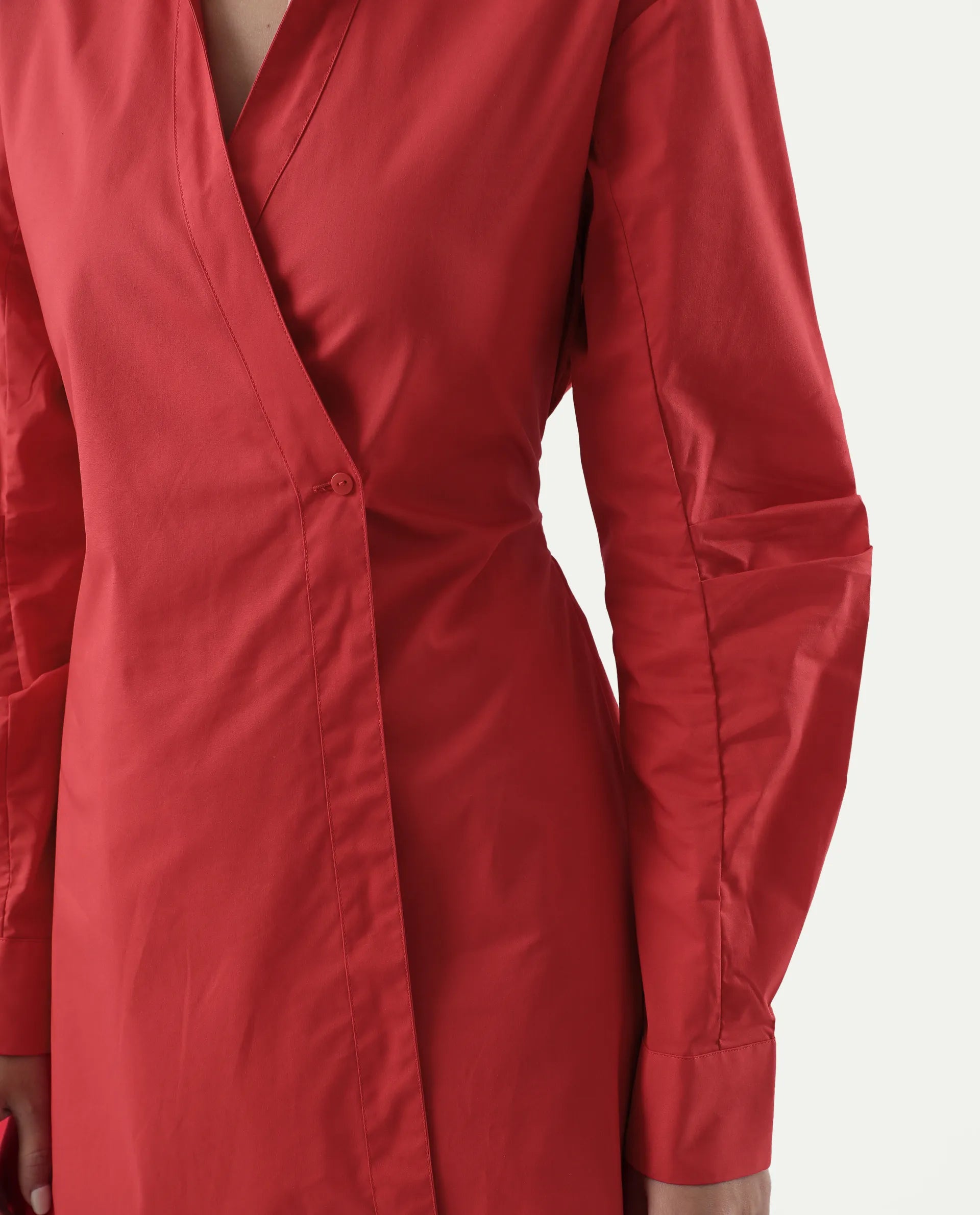 Rareism Women's Epops Red Cotton Blend Collared Plain Cuffed Sleeve Knee Length A-Line Dress