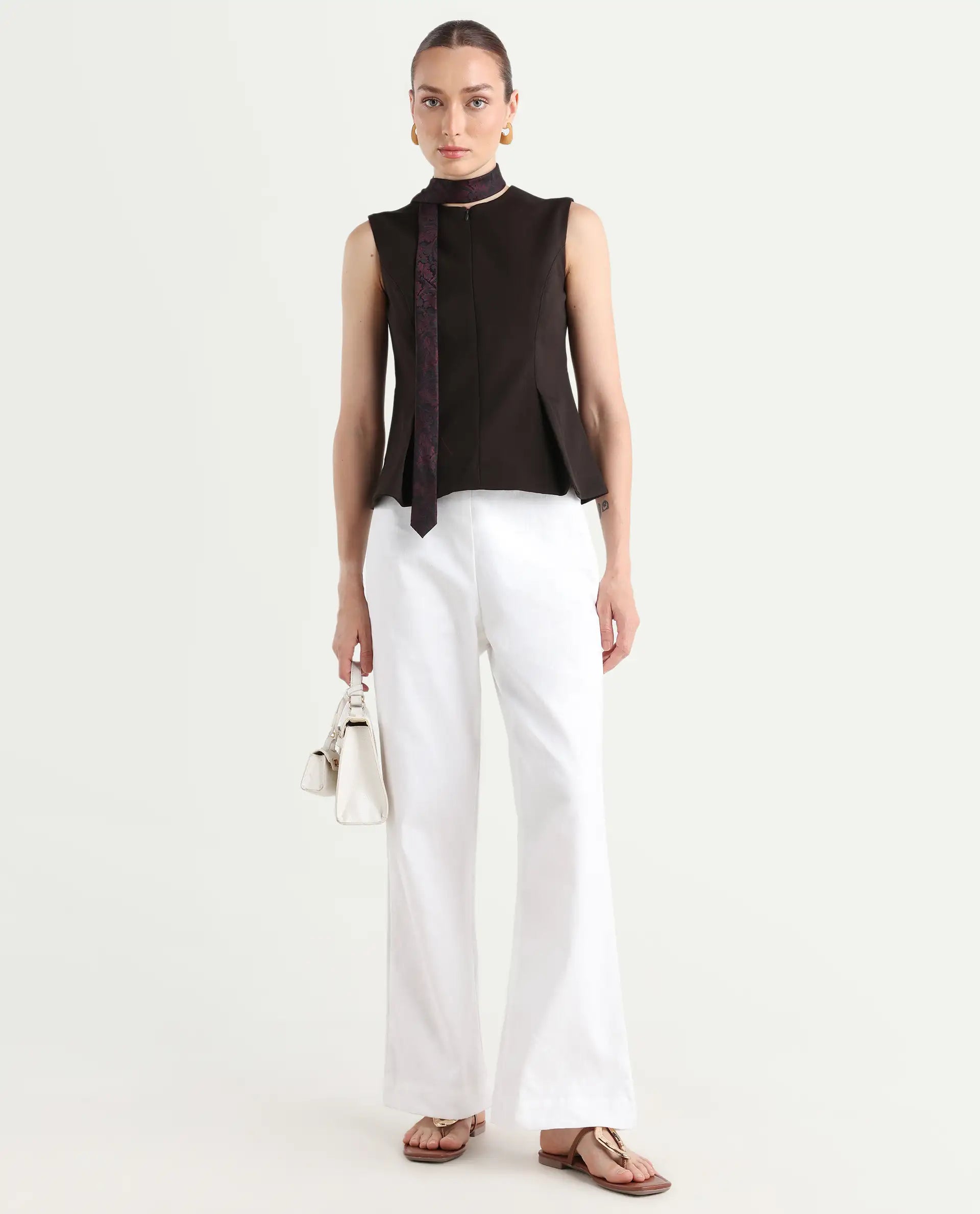Rareism Women's Epors White Modal Plain Ankle Length Straight Fit Trouser