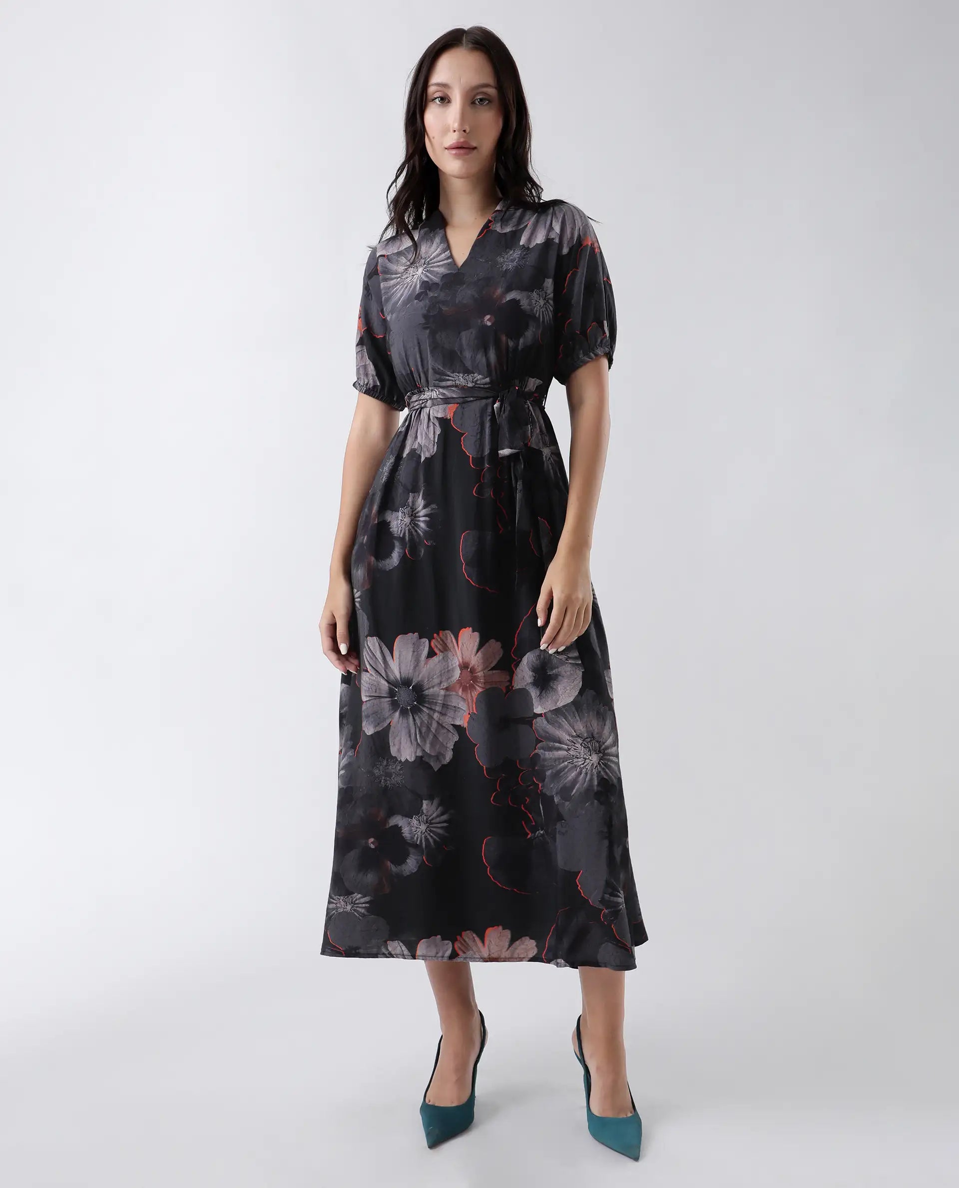 Rareism Women's Epory Black Viscose Blend Floral Print Extended Sleeves Midi A-Line Dress