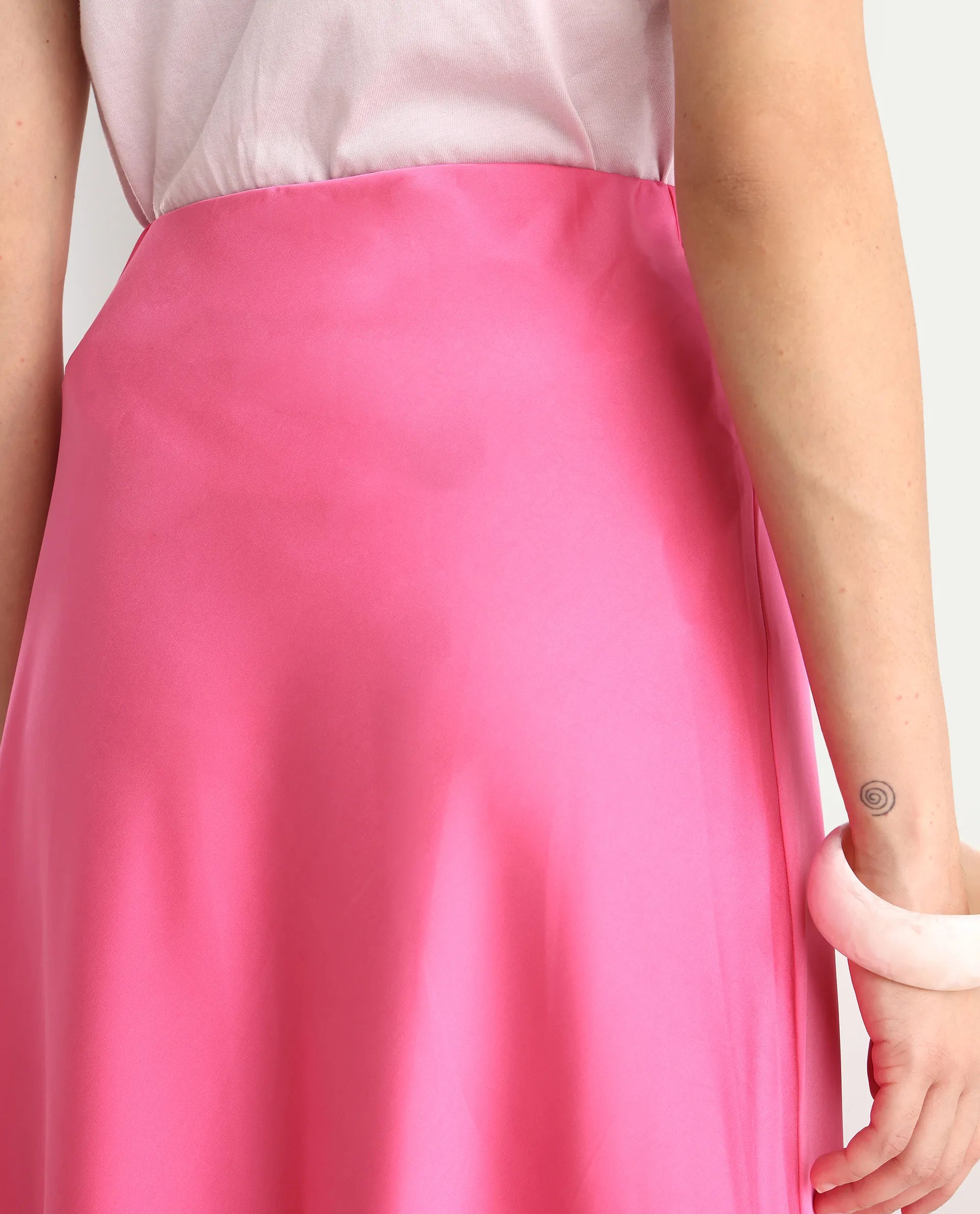 Rareism Women's Eprim Pink Satin Plain Maxi A-Line Skirt