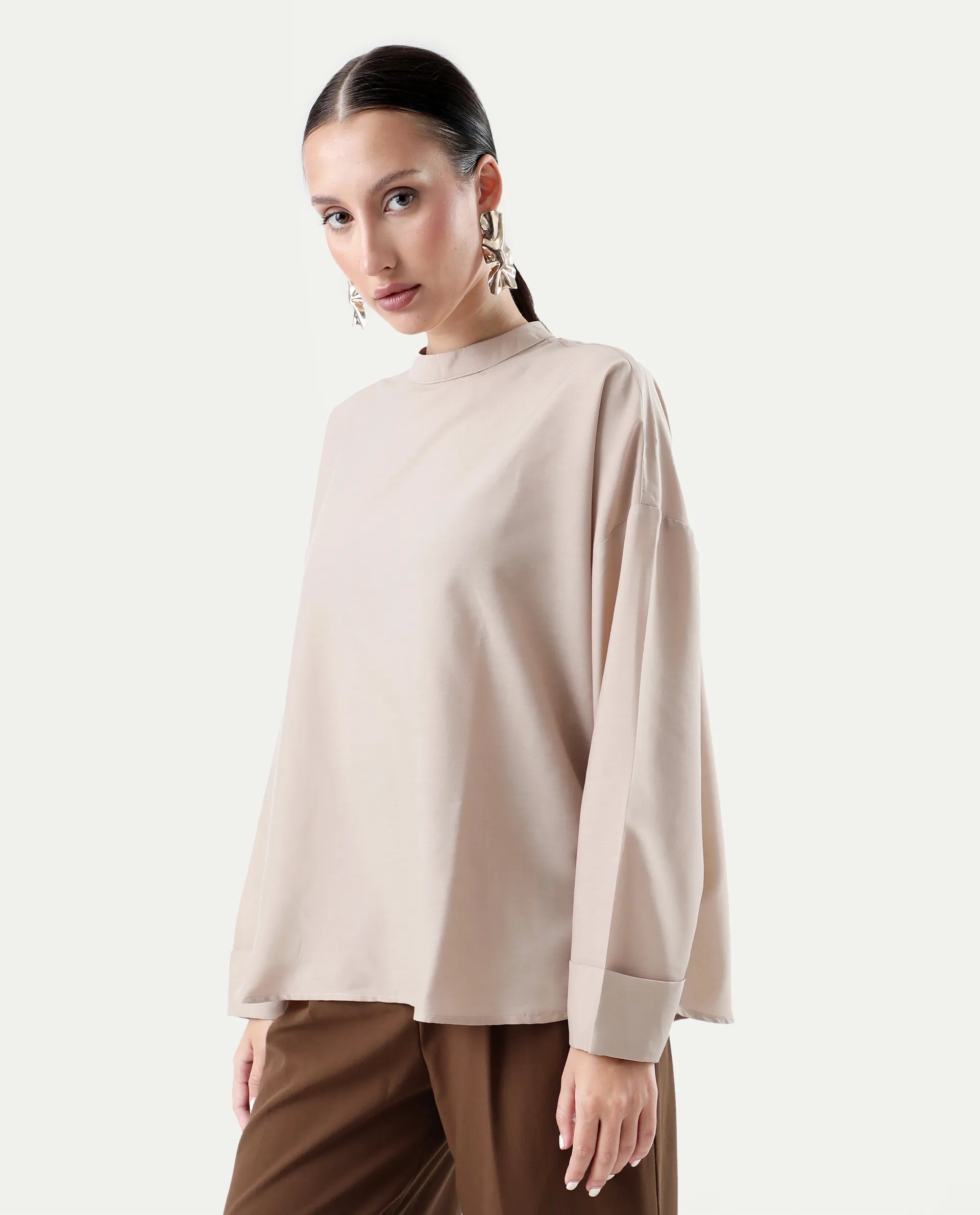 Rareism Women's Epsis Beige Polyester Plain Oversized Top