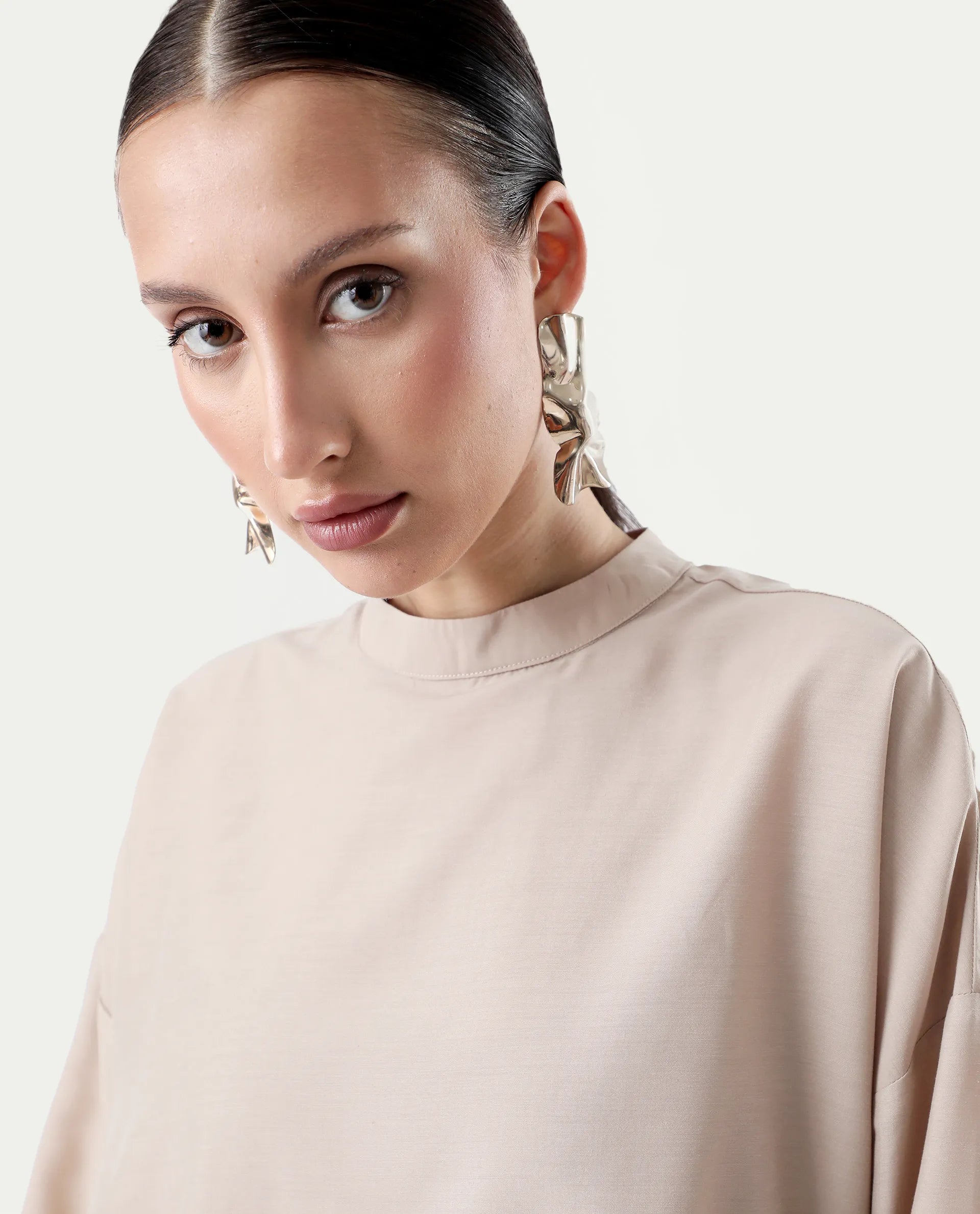 Rareism Women's Epsis Beige Polyester Plain Oversized Top