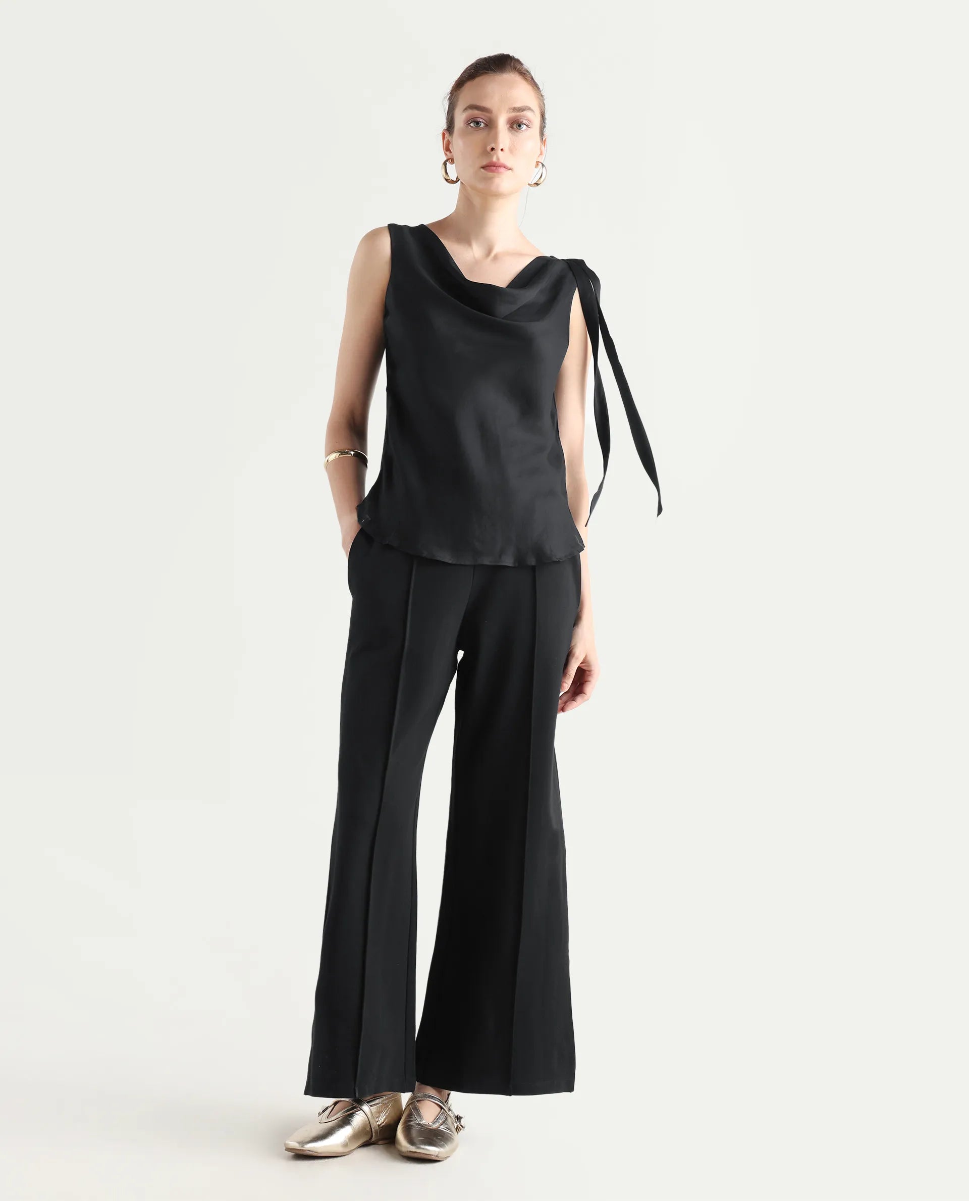 Rareism Women's Epuke Black Satin Boat Neck Plain Sleeveless Regular Fit Top