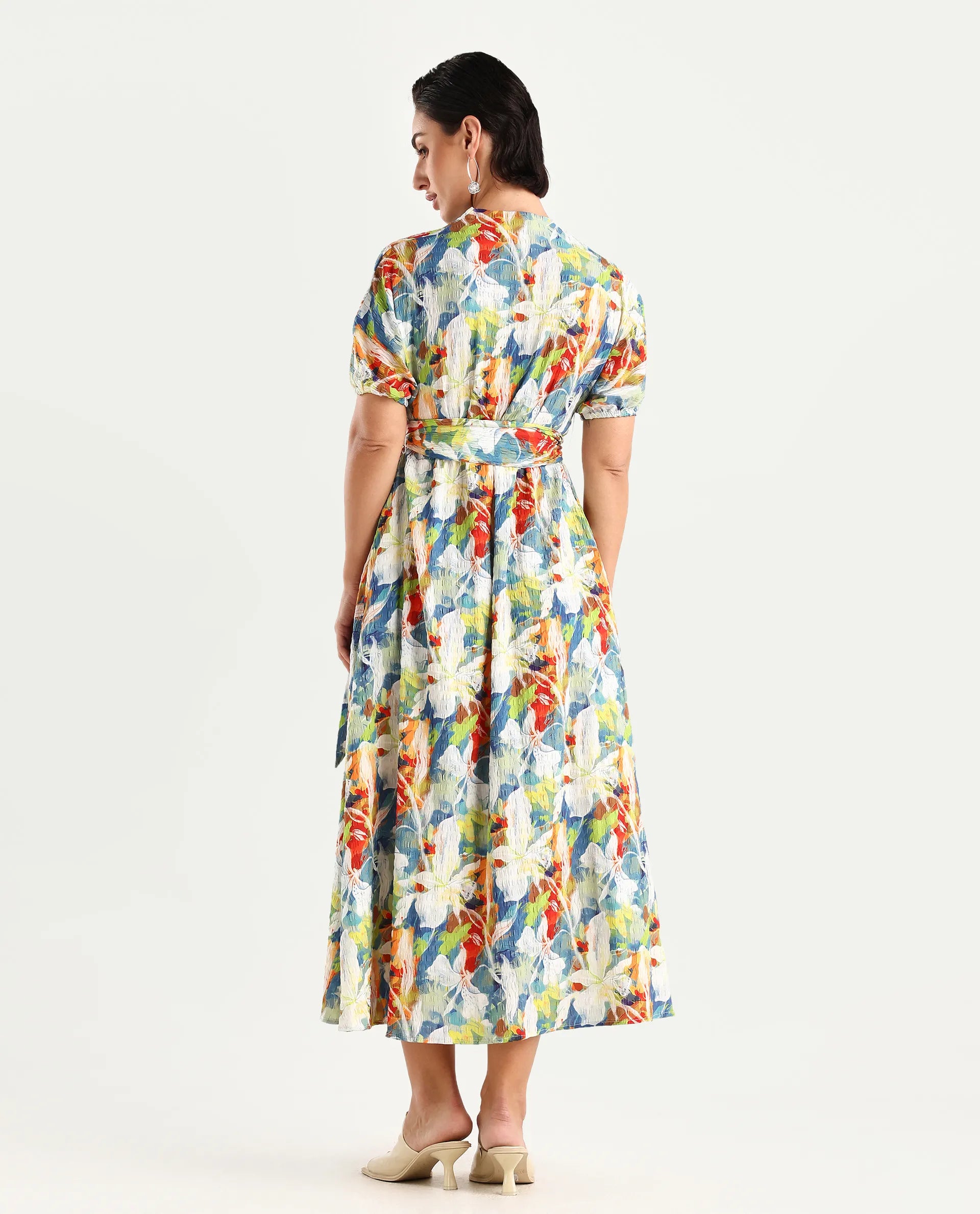 Rareism Women's Epure Multi Polyester V-Neck Abstract Print Extended Sleeves Midi A-Line Dress