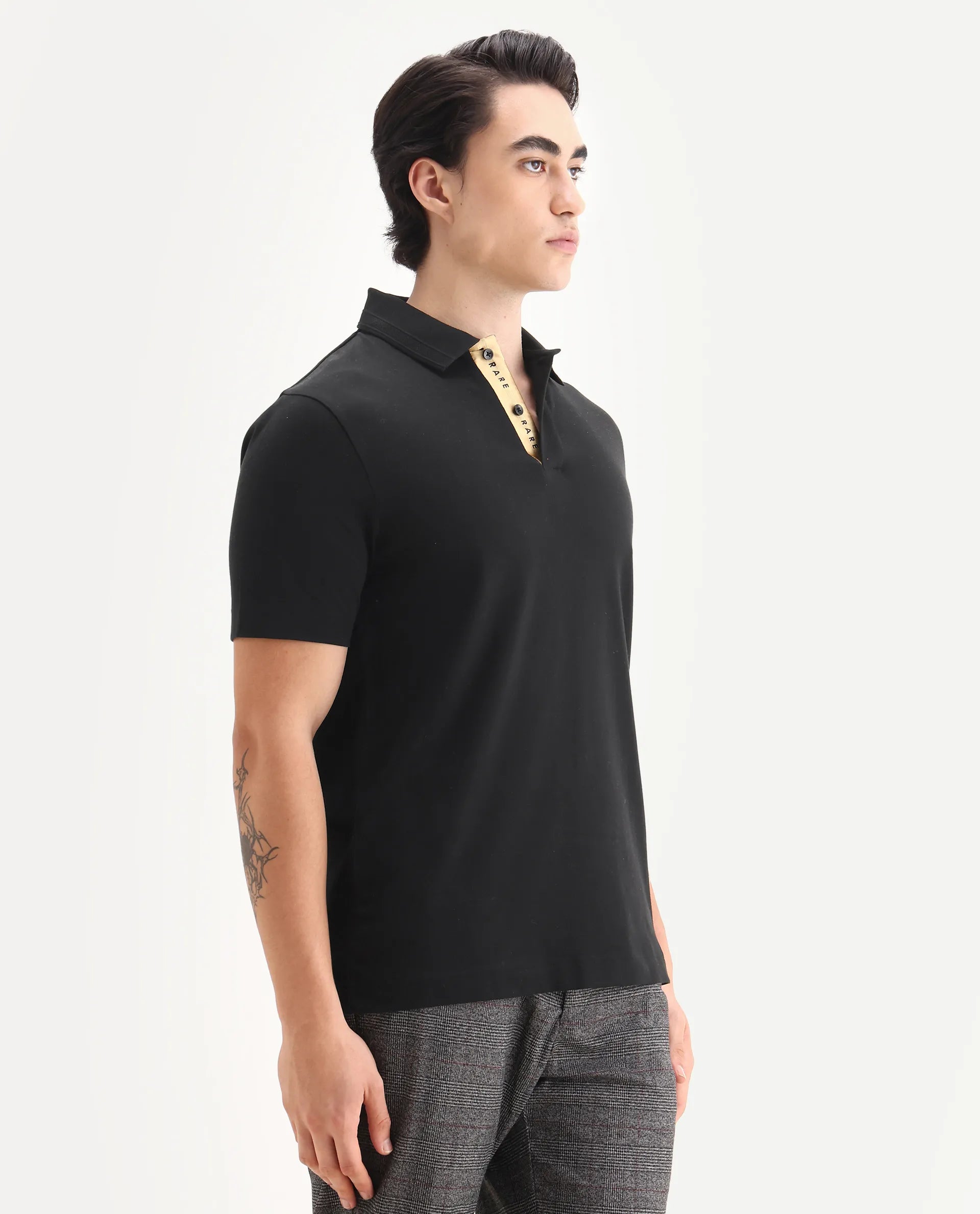 Rare Rabbit Men's Era Black Cotton Fabric Half Sleeve Spread Collar Plain Polo