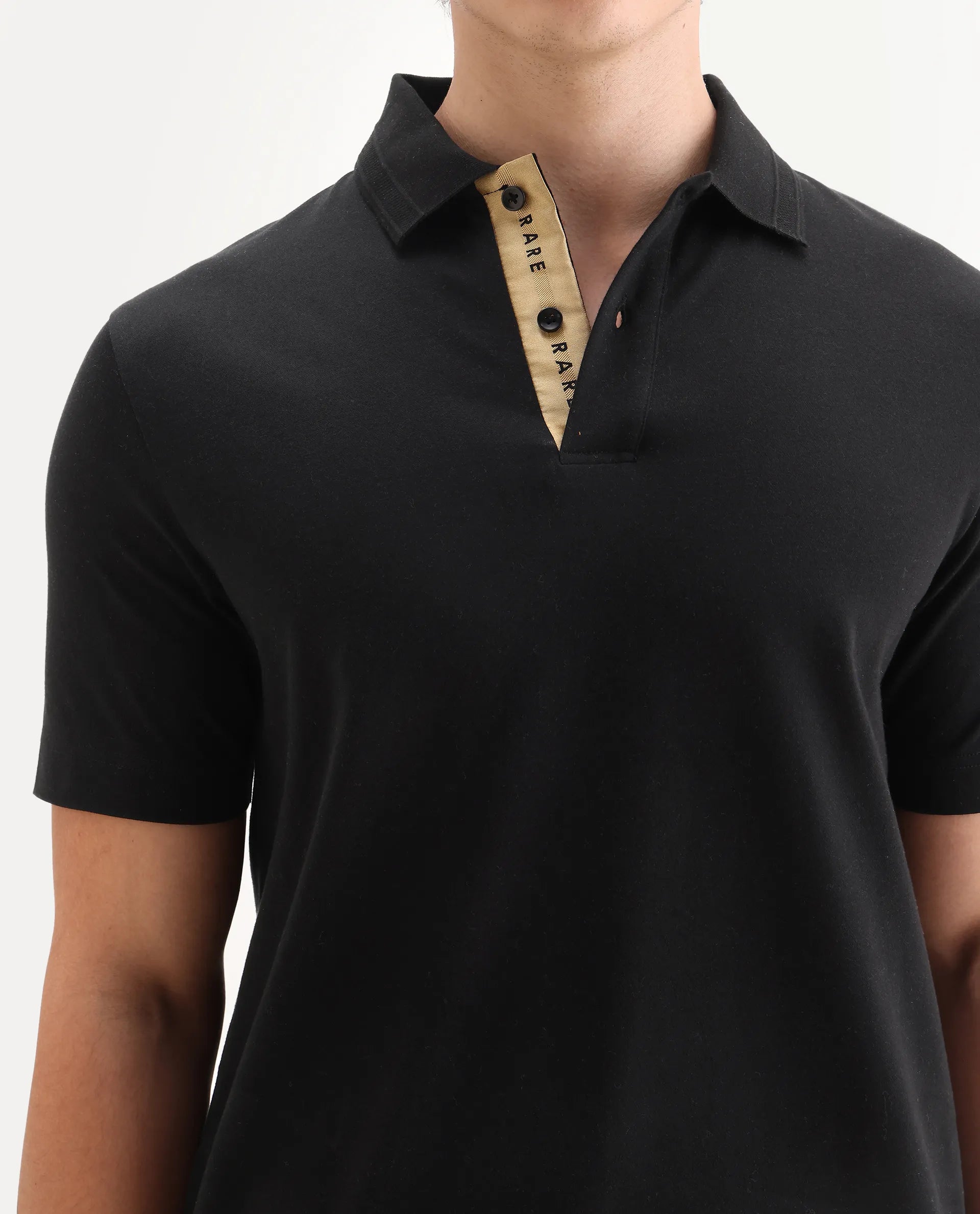 Rare Rabbit Men's Era Black Cotton Fabric Half Sleeve Spread Collar Plain Polo