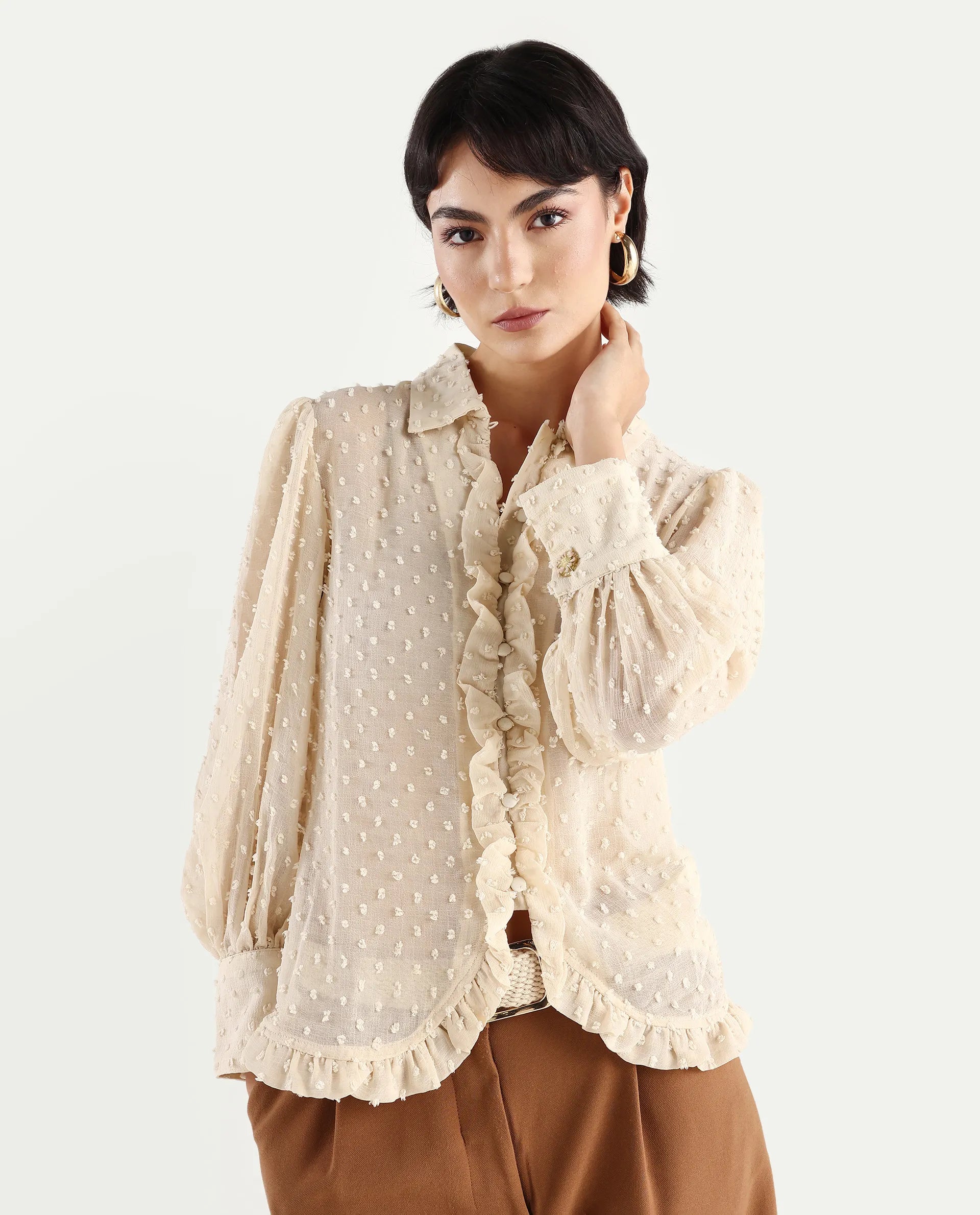 Rareism Women's Erat Beige Polyester Blend Drop Collar Plain Bishop Sleeve Regular Fit Top