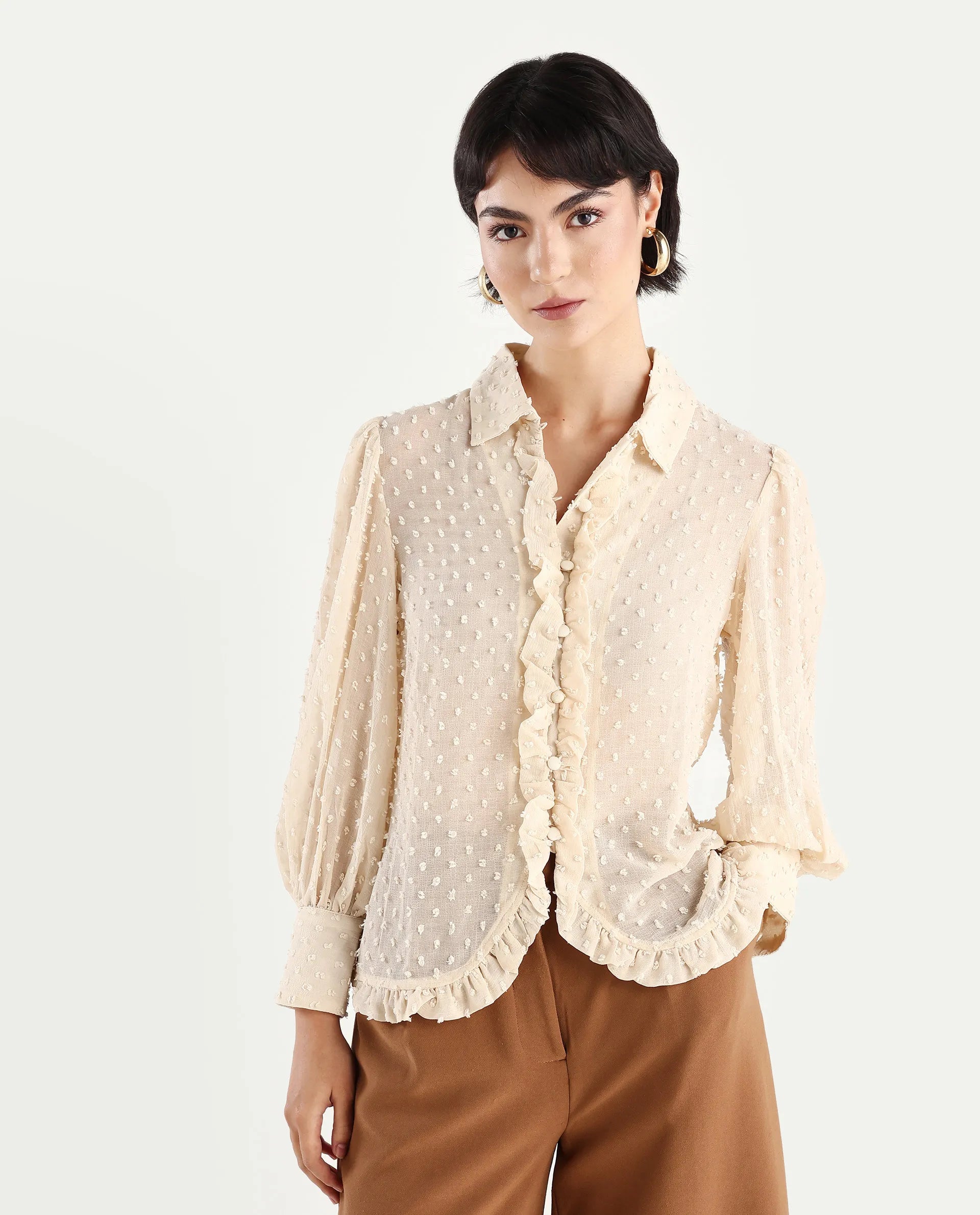 Rareism Women's Erat Beige Polyester Blend Drop Collar Plain Bishop Sleeve Regular Fit Top