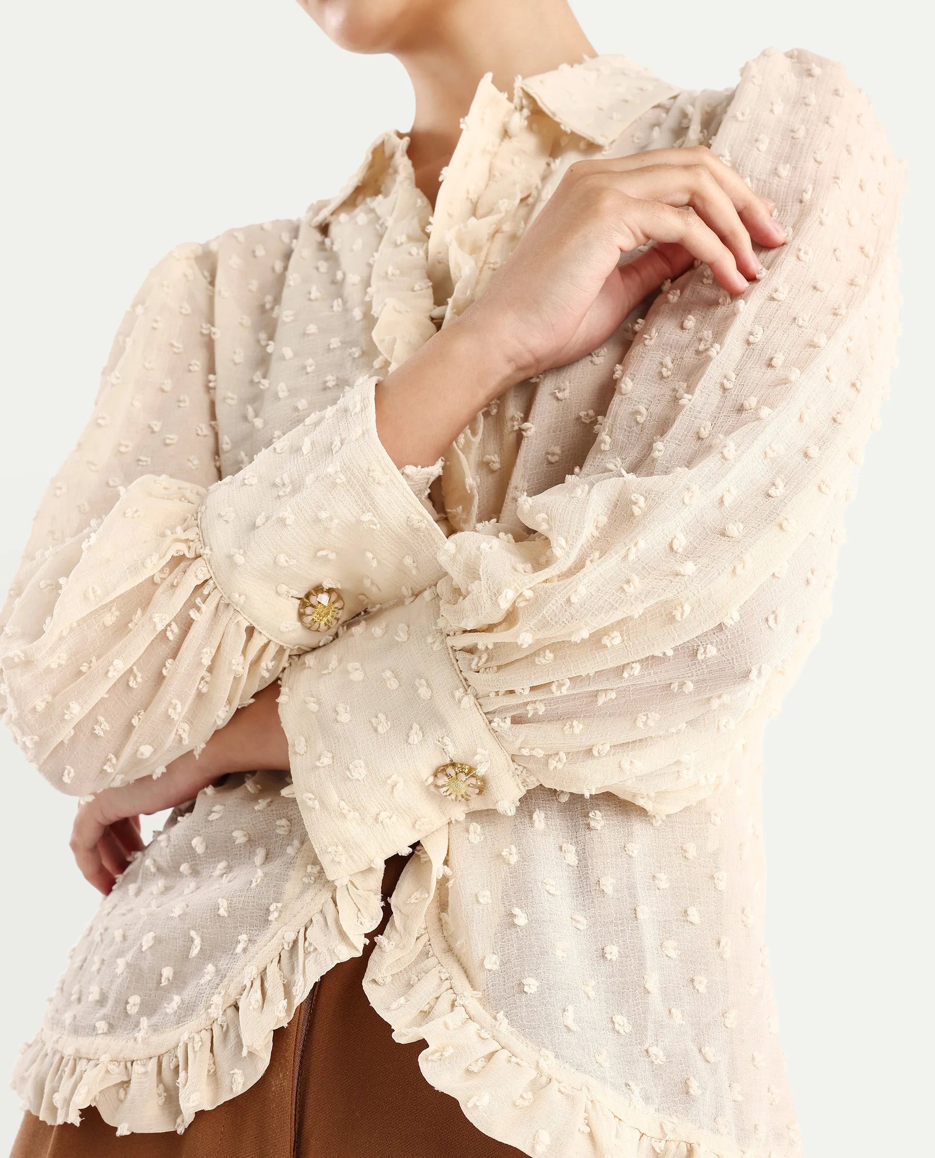 Rareism Women's Erat Beige Polyester Blend Drop Collar Plain Bishop Sleeve Regular Fit Top