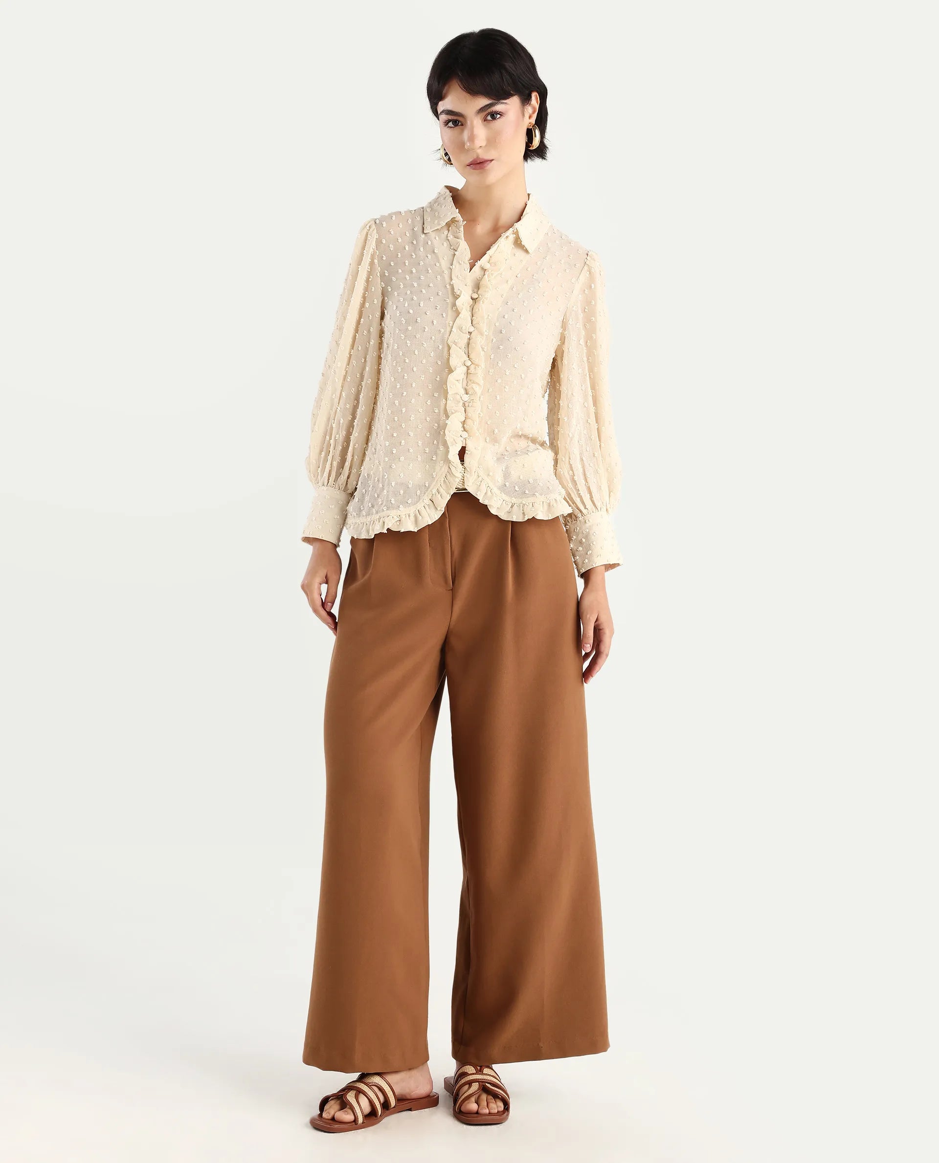 Rareism Women's Erat Beige Polyester Blend Drop Collar Plain Bishop Sleeve Regular Fit Top