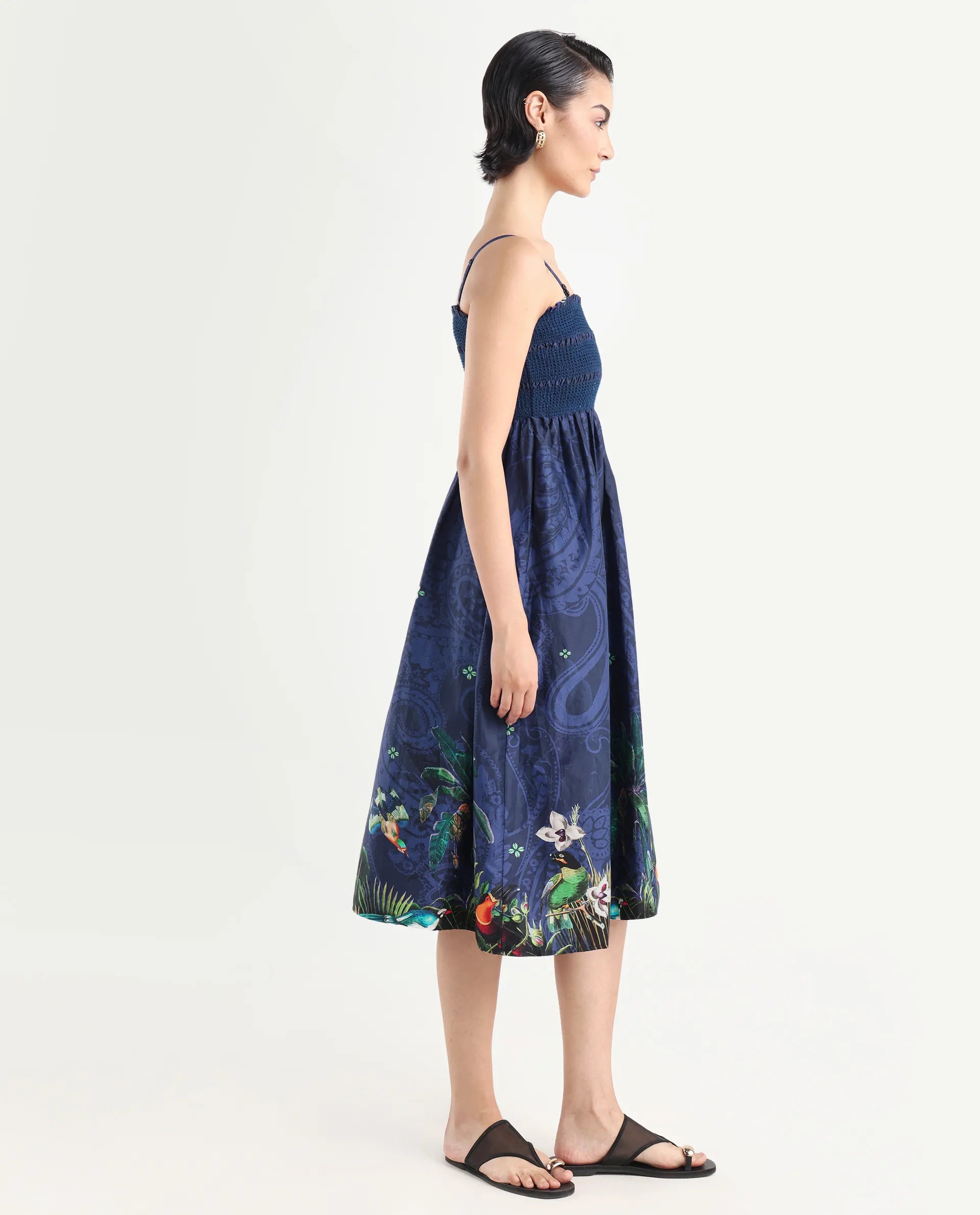 Rareism Women's Ergen Blue Cotton Tube Neck Floral Print Midi Fit And Flare Dress