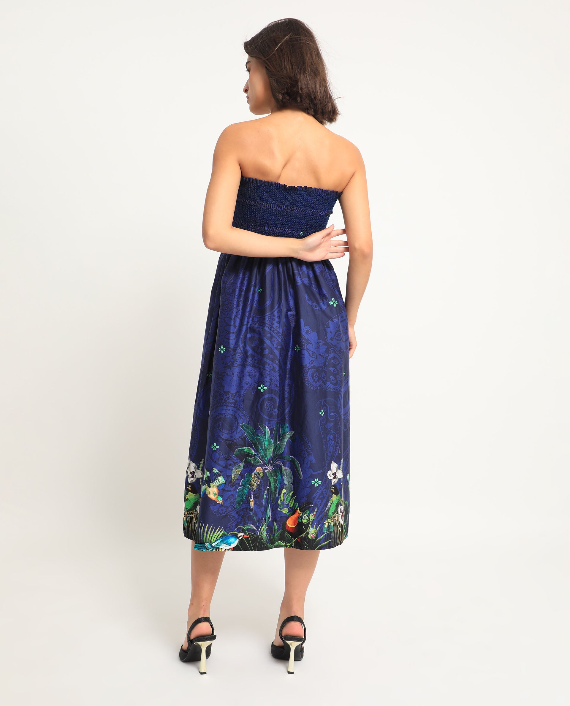 Rareism Women's Ergen Blue Cotton Fabric Tube Neck   Floral Print Fit And Flare Midi Dress