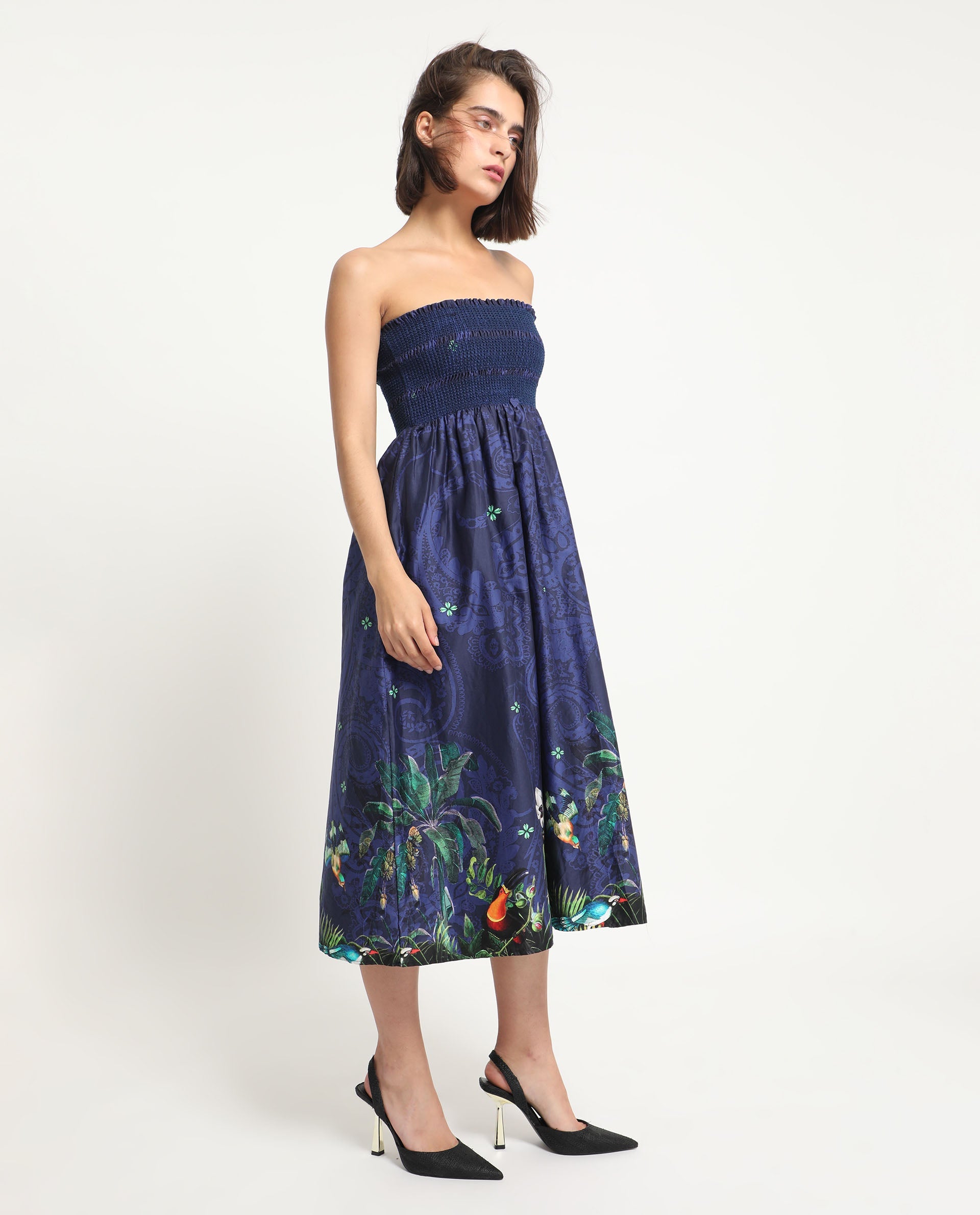 Rareism Women's Ergen Blue Cotton Fabric Tube Neck   Floral Print Fit And Flare Midi Dress