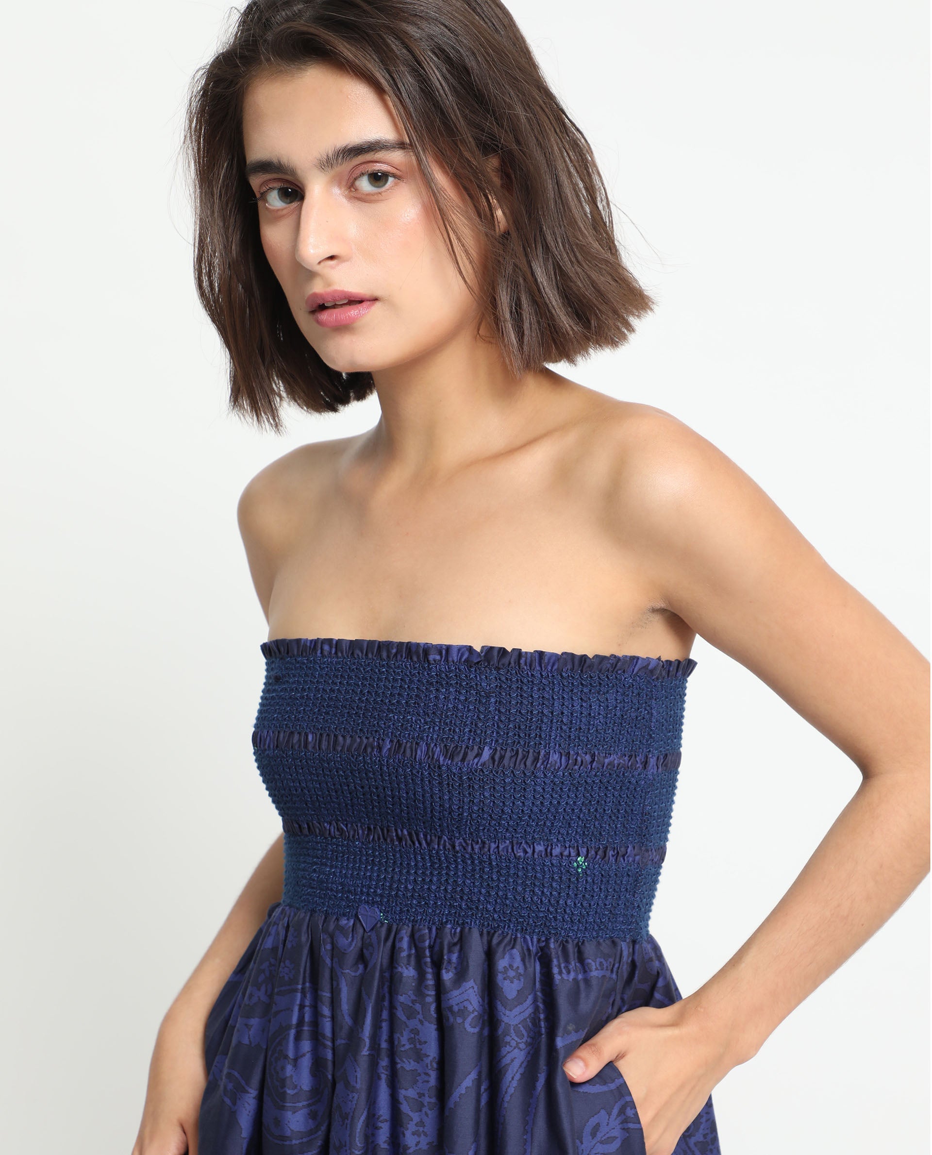 Rareism Women's Ergen Blue Cotton Fabric Tube Neck   Floral Print Fit And Flare Midi Dress