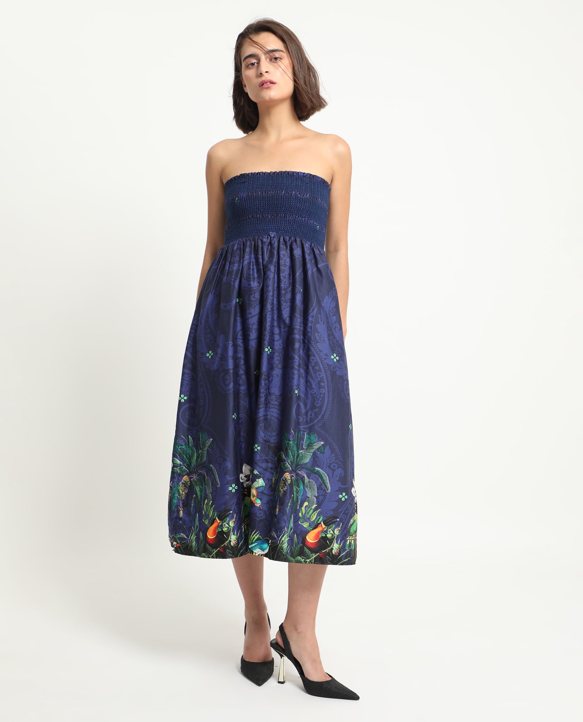 Rareism Women's Ergen Blue Cotton Fabric Tube Neck   Floral Print Fit And Flare Midi Dress