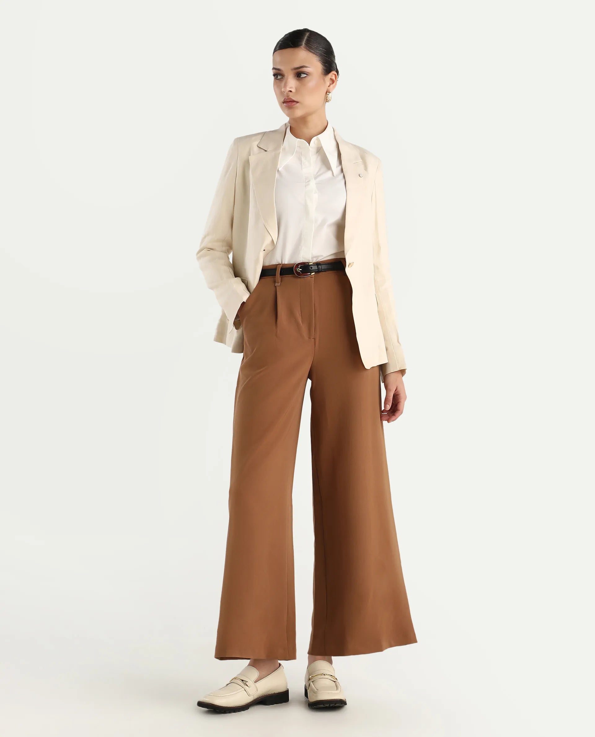 Rareism Women's Erica - Beige Polyester Blend Plain Ankle Length Wide Trouser