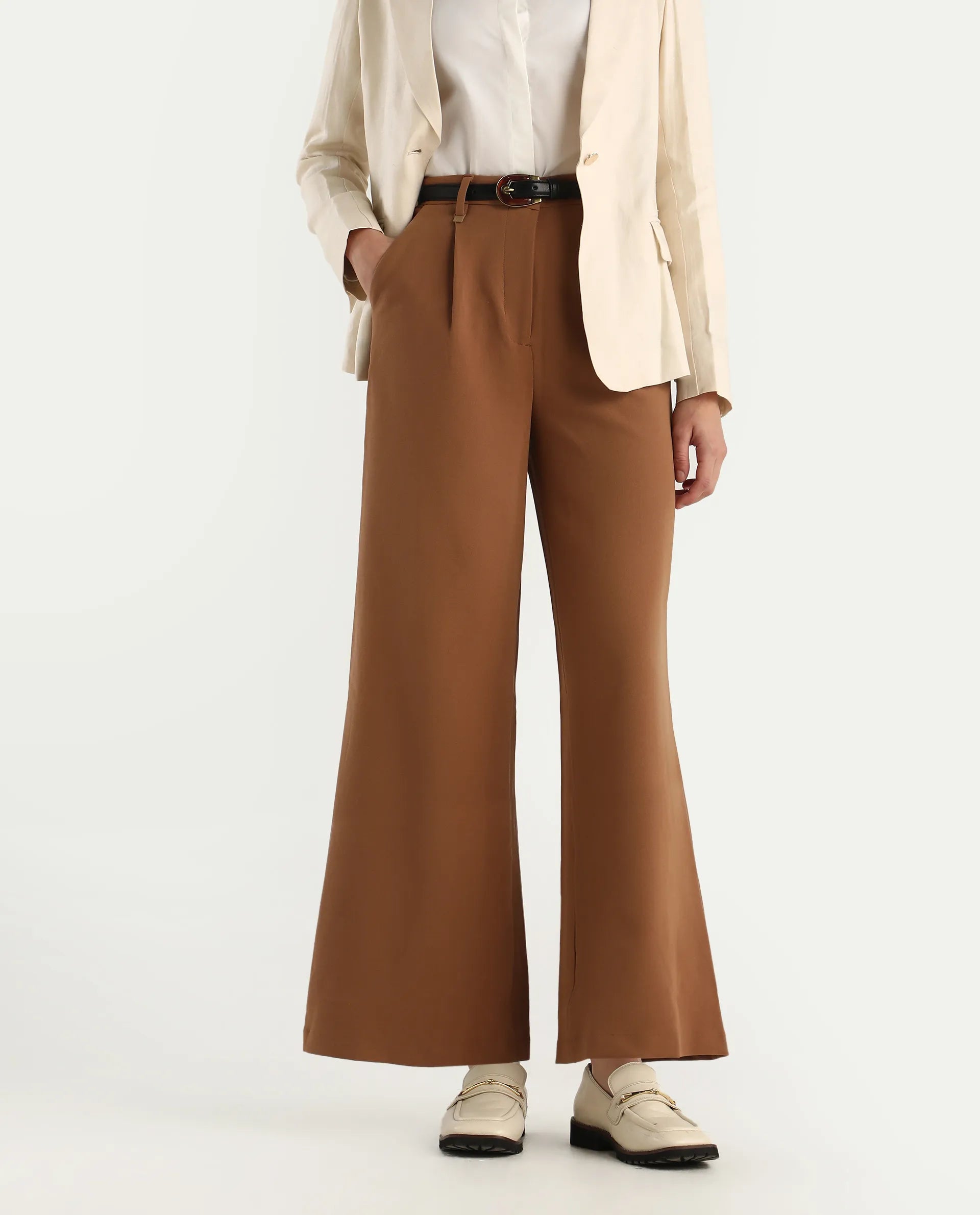 Rareism Women's Erica - Beige Polyester Blend Plain Ankle Length Wide Trouser